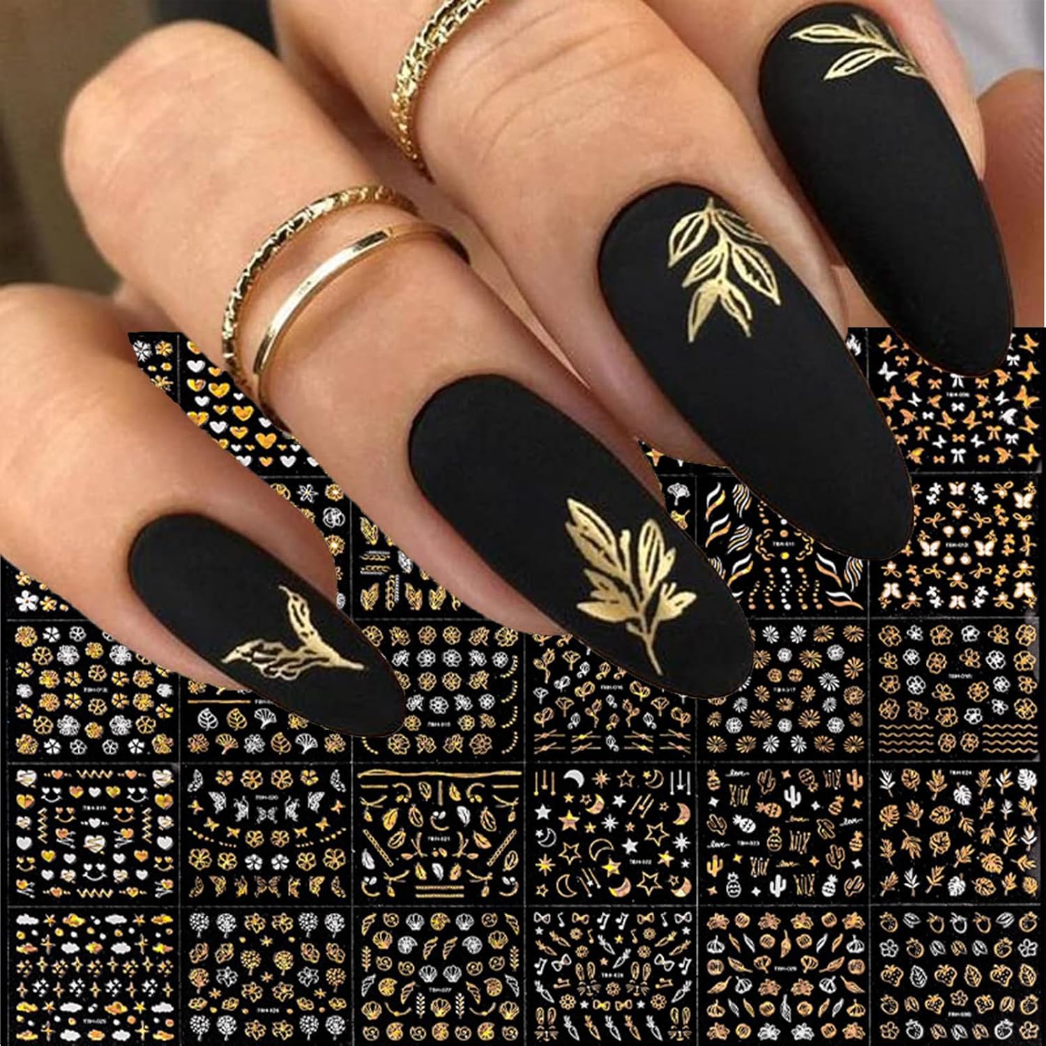 30 hojas de calcomanías doradas para arte de uñas, flores doradas, hojas de mariposas, suministros de arte de uñas, suministros de arte de uñas,
