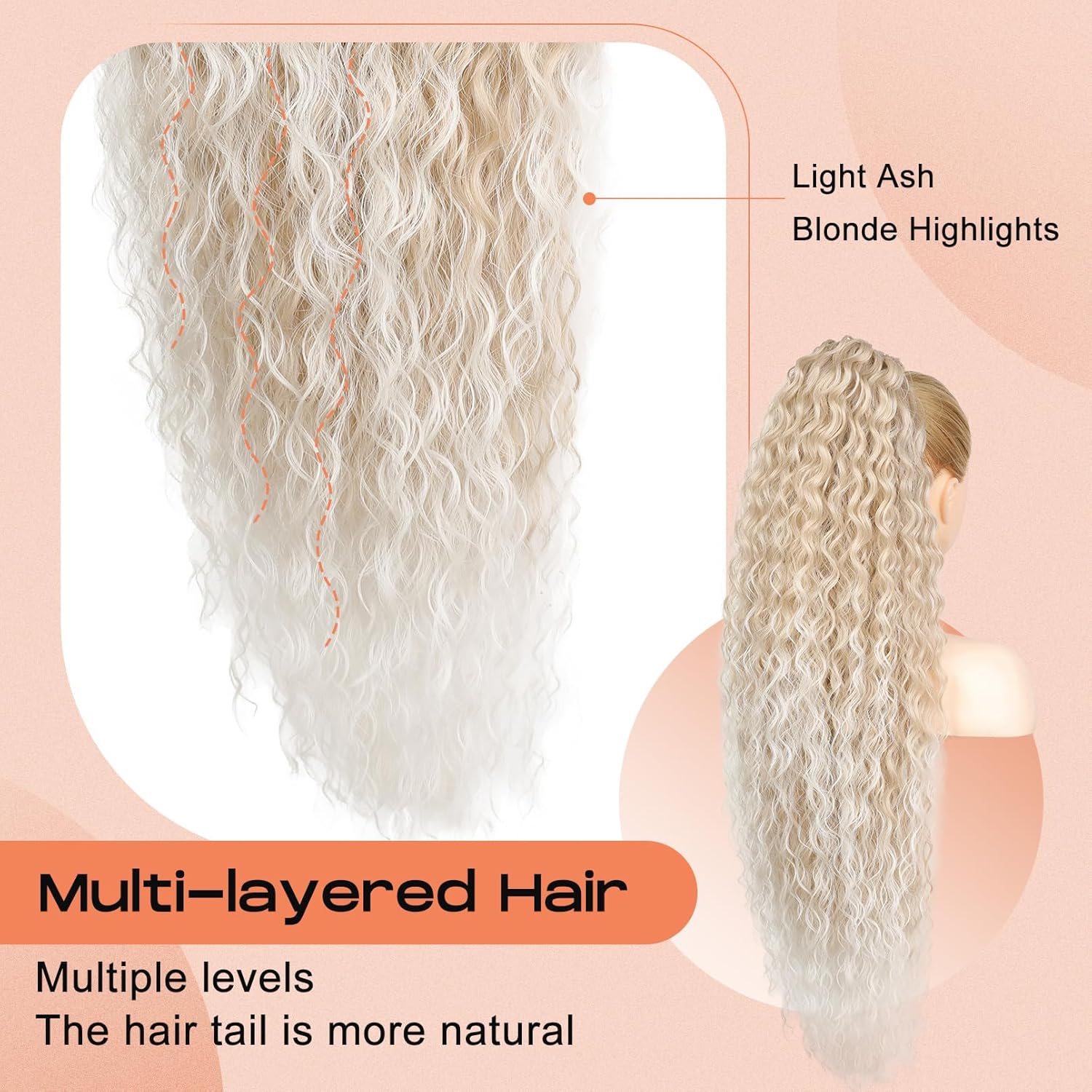 SEIKEA Extensión de cola de caballo con cordón de 36 pulgadas, larga, ligera, natural, rizada, cola de caballo falsa, multicapa, extensiones de