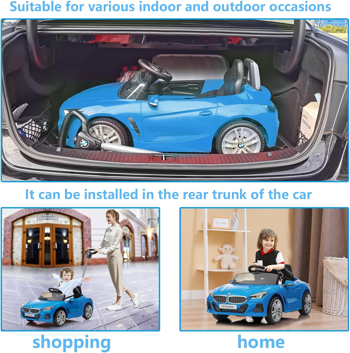 Automóvil de empuje para niños de 1 a 5 años, auto de empuje BMW Z4 con licencia con varilla de empuje ajustable, música de bocina, rueda