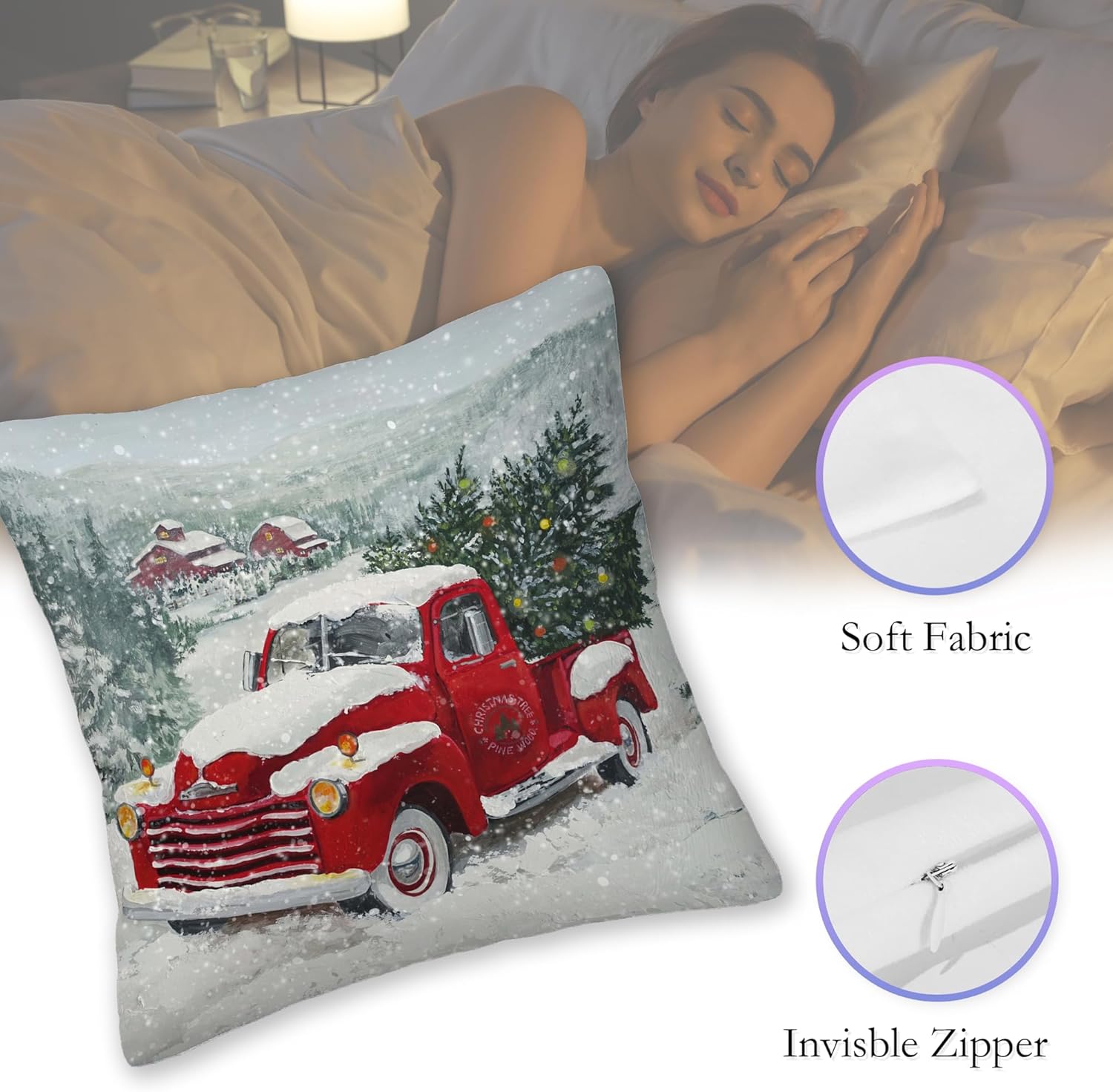 SKYDAWNY Juego de 2 fundas de almohada de árboles de Navidad de 18 x 18 pulgadas, fundas de almohada decorativas con nieve y camión rojo, funda