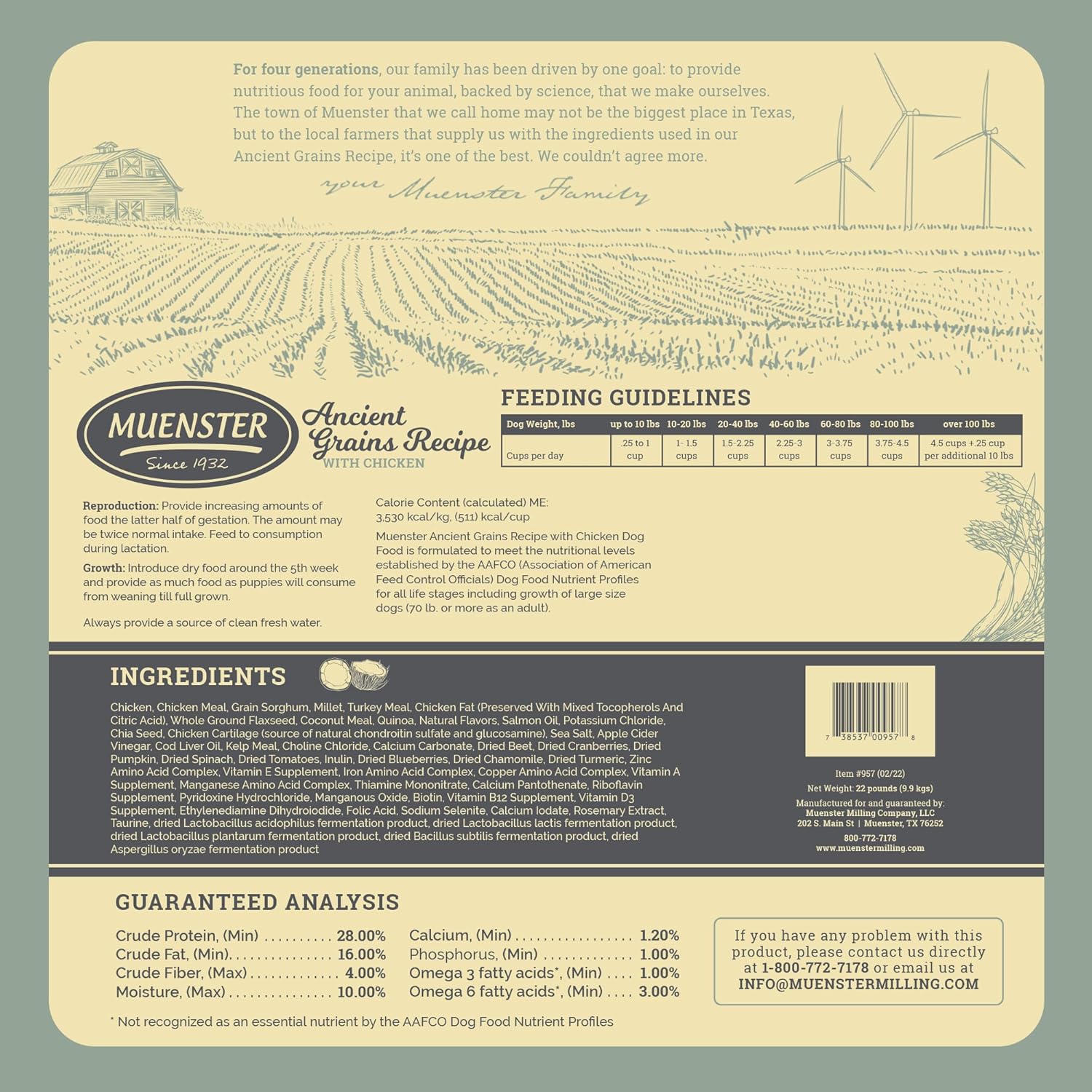 Muenster Ancient Grains – Alimento seco para perros grandes con sabor a pollo (22 libras), sin gluten, sin OMG, con alto contenido de proteínas,