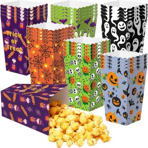 24 cajas de regalo de palomitas de maíz para fiestas temáticas de Halloween en 6 diseños, caja de golosinas para dulce o truco, contenedor de 24 cajas de regalo de palomitas de maíz para fiestas temáticas de Halloween en 6 diseños, caja de golosinas para dulce o truco, contenedor de