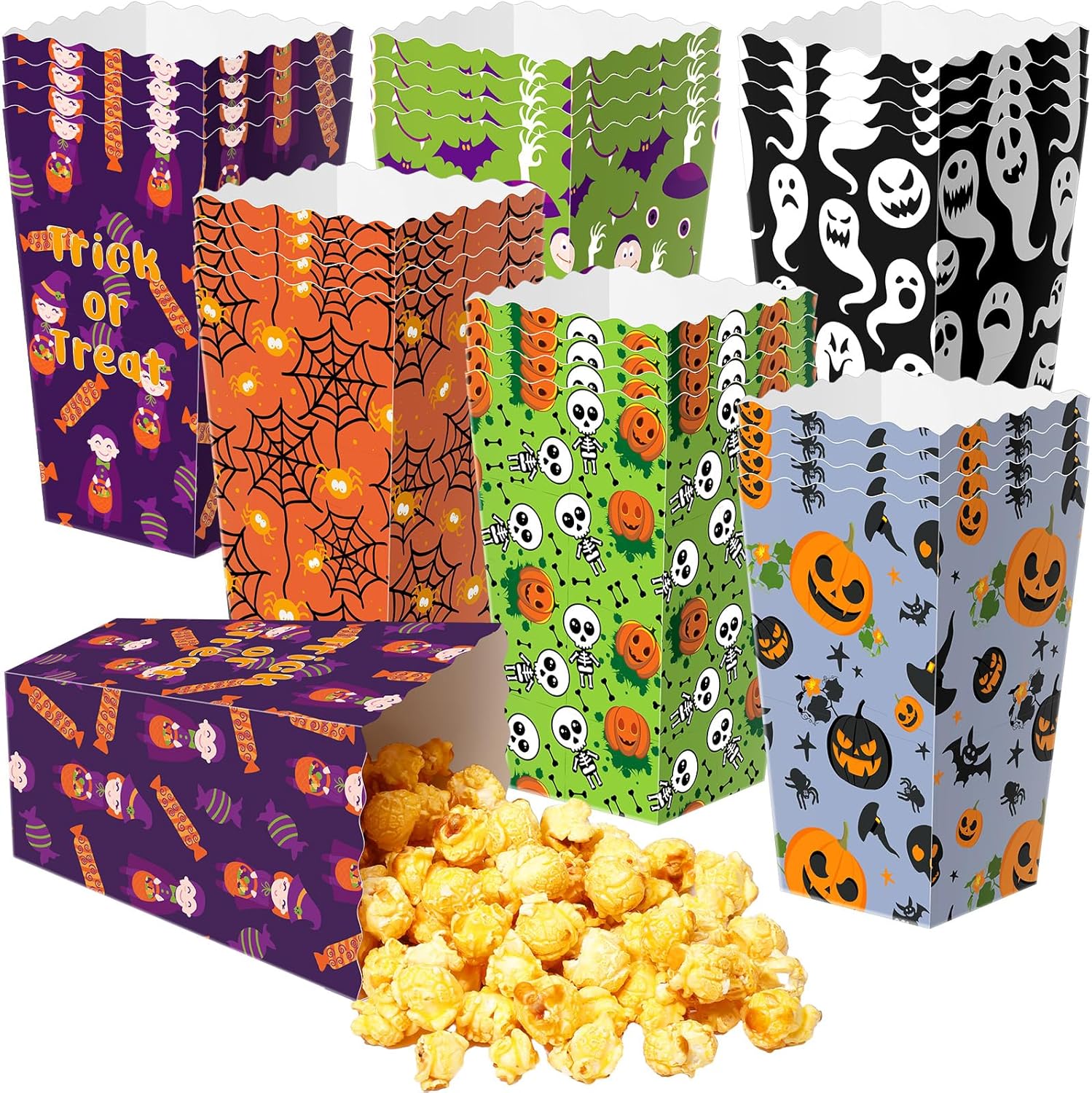 24 cajas de regalo de palomitas de maíz para fiestas temáticas de Halloween en 6 diseños, caja de golosinas para dulce o truco, contenedor de