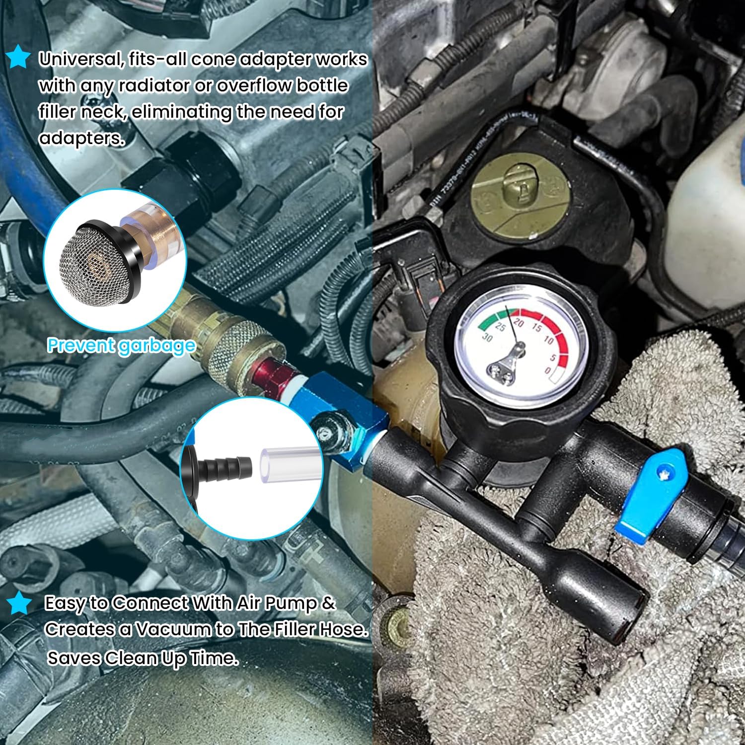 75260 Kit de llenado de refrigerante al vacío, kit de recarga de sistema de refrigerante con preventor de bloqueo de aire, probador de fugas de