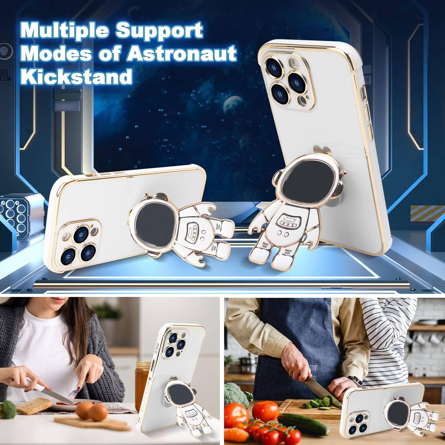 Omio – Funda compatible con iPhone 15 Pro Max con soporte oculto de astronauta, funda de lujo chapado en corazón con borde lateral, pequeño patrón