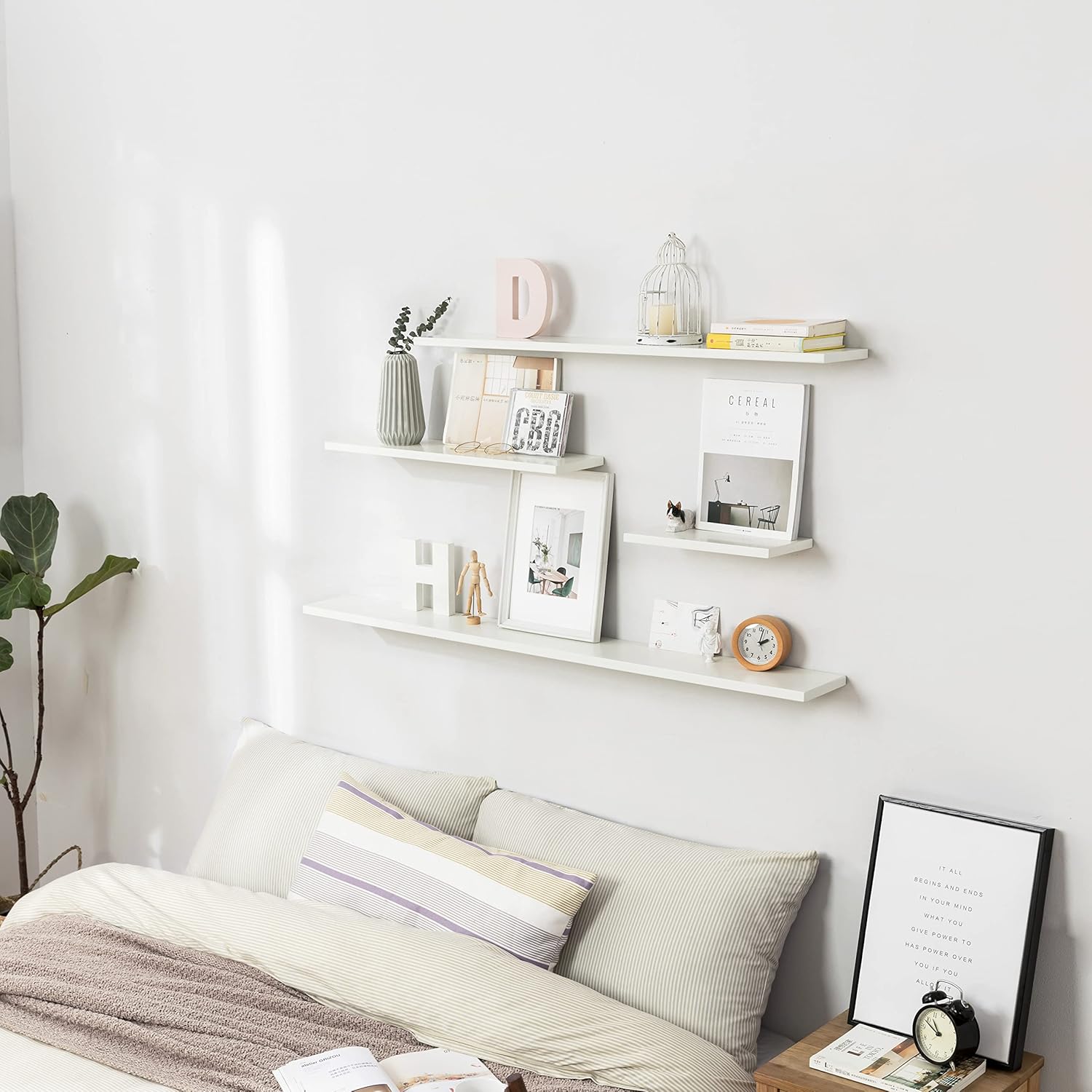 Estante flotante largo de 48 pulgadas blanco para pared, juego de 2, estante flotante de madera natural duradera para dormitorio y baño, fácil