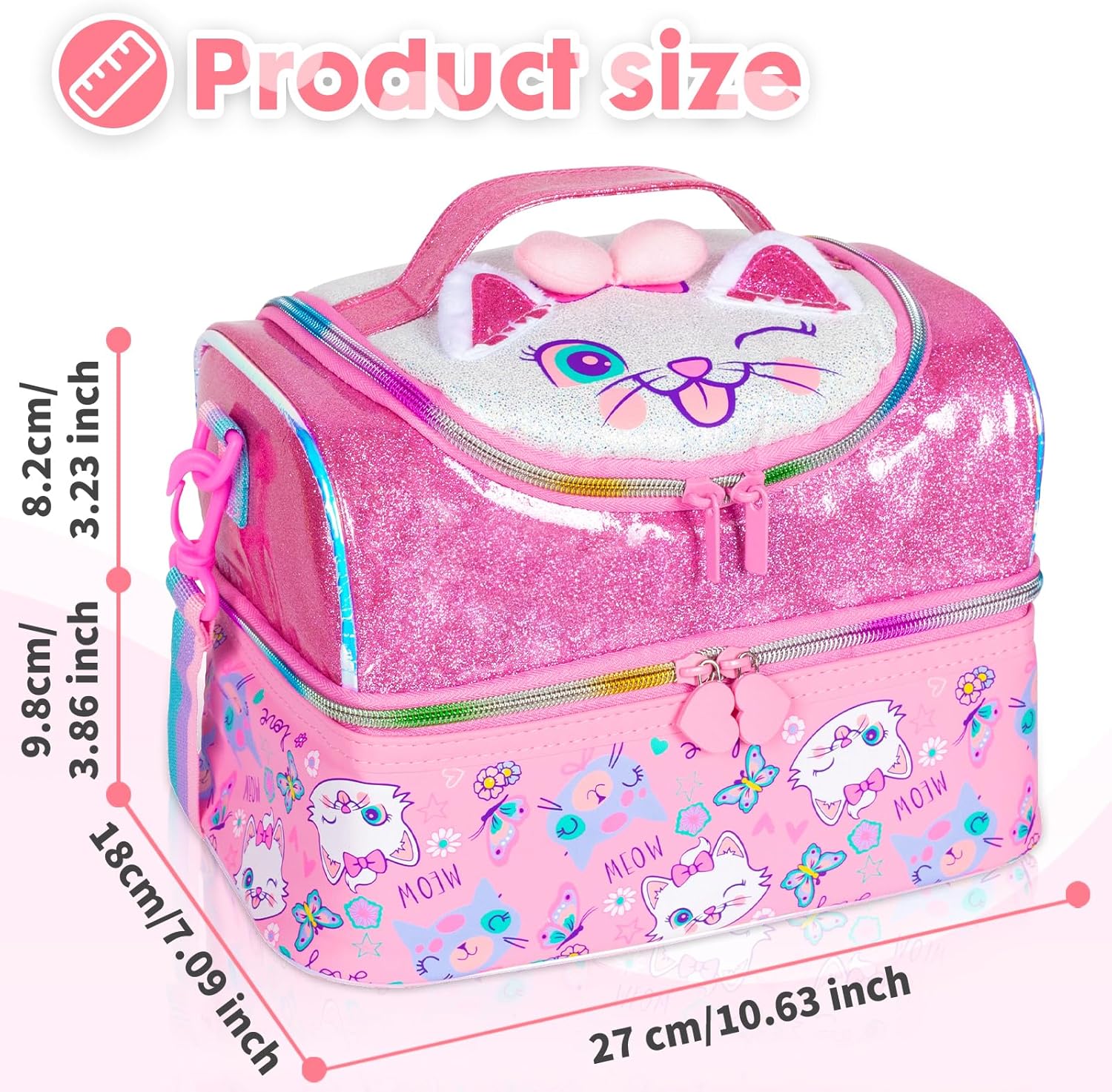 Bolsa de almuerzo aislada de dos pisos para niños, niñas, hombres, mujeres, con correa ajustable, gato