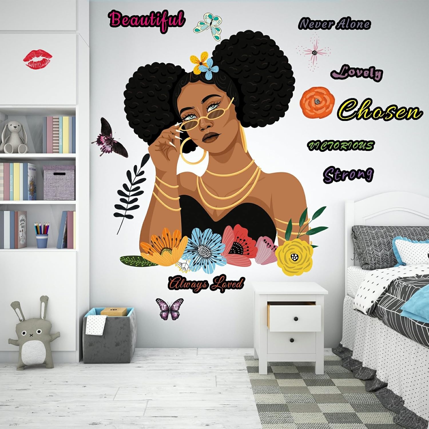 Calcomanía de pared de niña negra, decoración de otoño para el hogar, calcomanía de mariposa para decoración de pared para dormitorio de niños, sala