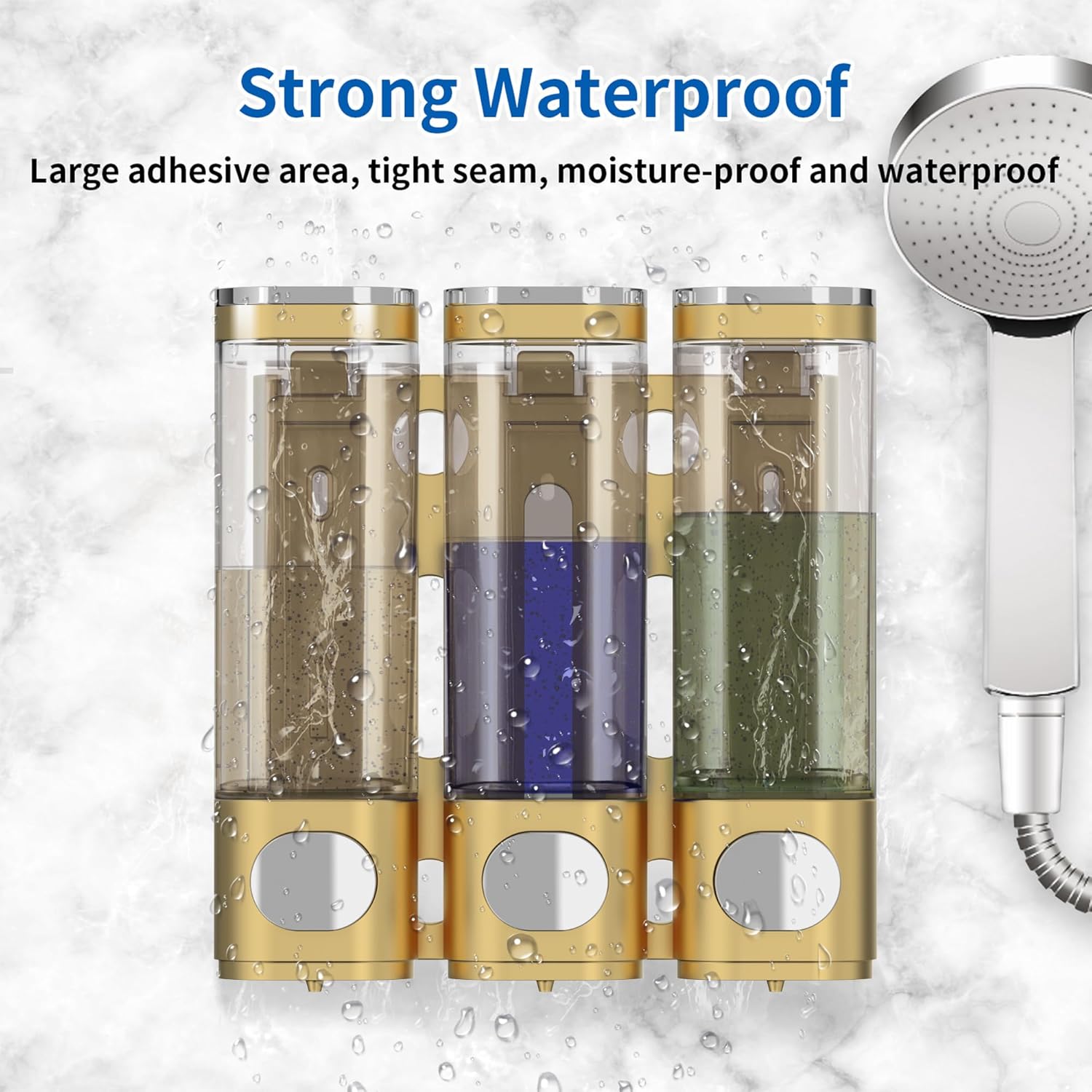 Dispensador de jabón de champú de 3 cámaras para ducha montado en la pared y dispensador de acondicionador sin taladro, perfecto para baño, cocina,