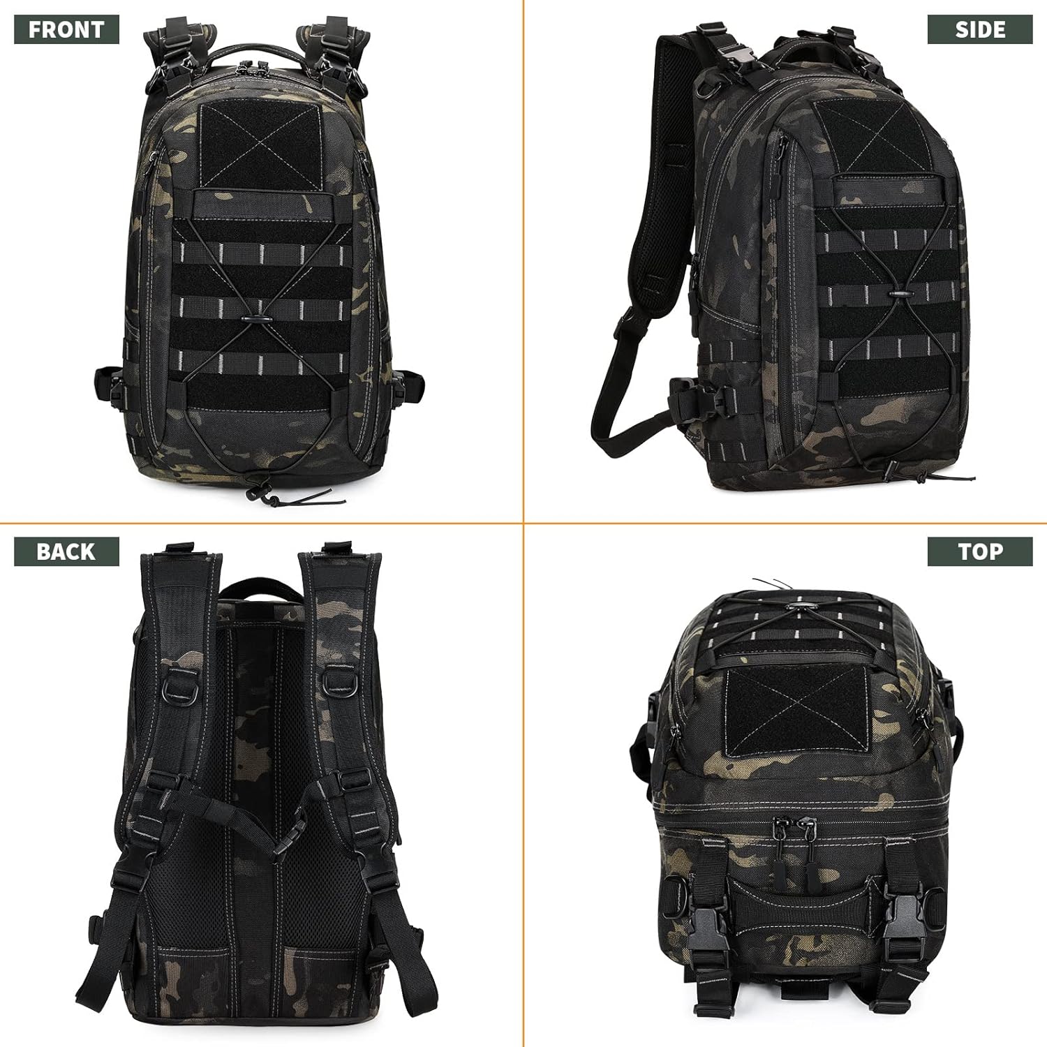 HUNTVP Mochila militar MOLLE para caza, mochila táctica Backpck Assault Pack se puede fijar con el chaleco y el cinturón, Camo Negro, Mochilas de