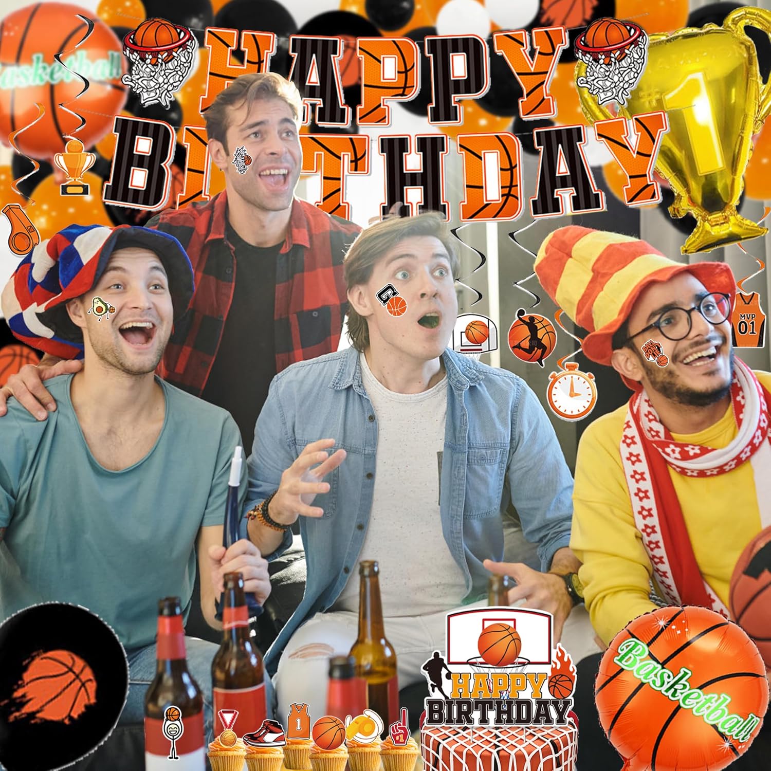 Juego de 196 piezas de decoración de fiesta de cumpleaños temática de baloncesto, incluye kit de globos, platos, servilleta, taza, tenedor,