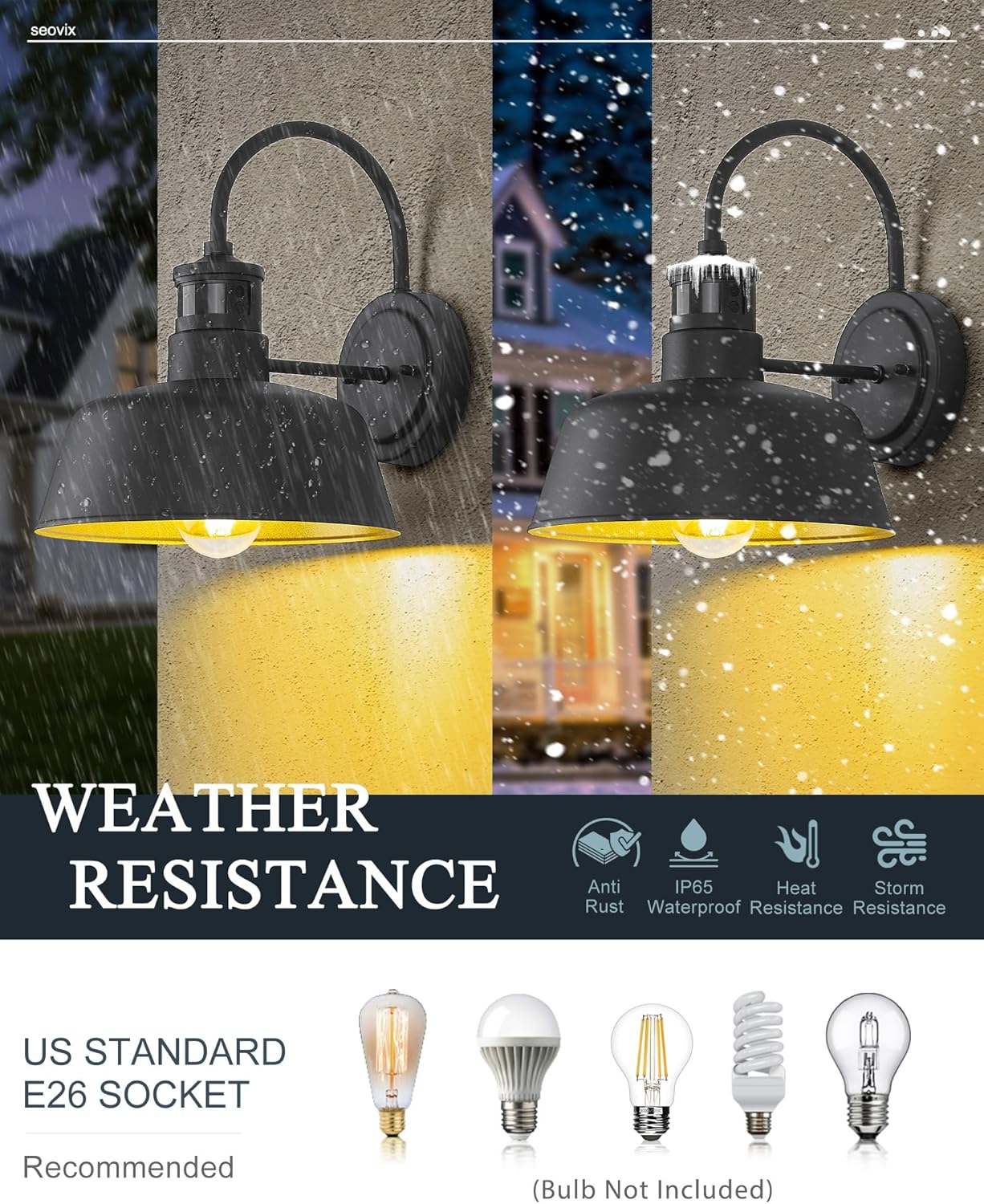 Seovix HS2213-2 – Luz de porche de 12 pulgadas, con sensor de movimiento negro mate, IP65, impermeable, cuello de cisne, luz de granero para casa,