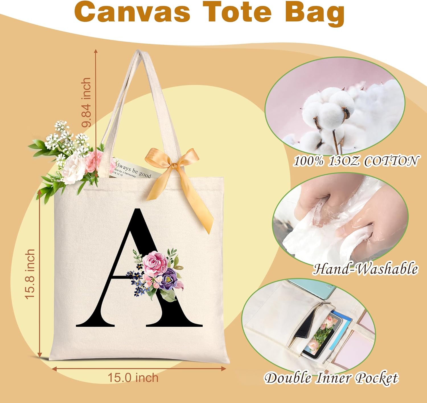 AUNOOL Bolsa de mano con monograma para dama de honor, boda, bolsa de maquillaje de lona inicial con cremallera, regalos de cumpleaños