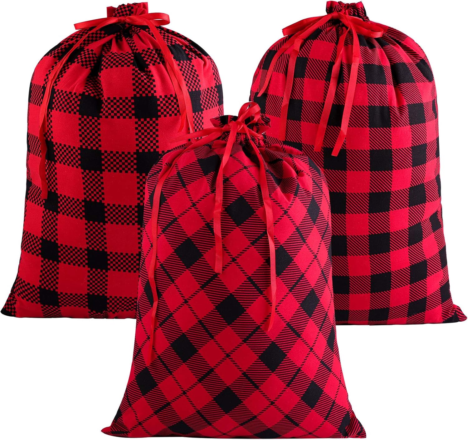 Aneco Paquete de 3 bolsas de Navidad de algodón a cuadros de 23 x 17.5 pulgadas, tamaño grande, con cordón, bolsa de almacenamiento para calcetines,