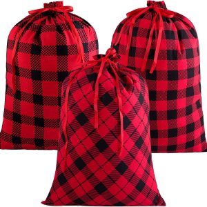 Aneco Paquete de 3 bolsas de Navidad de algodón a cuadros de 23 x 17.5 pulgadas, tamaño grande, con cordón, bolsa de almacenamiento para calcetines, Aneco Paquete de 3 bolsas de Navidad de algodón a cuadros de 23 x 17.5 pulgadas, tamaño grande, con cordón, bolsa de almacenamiento para calcetines,