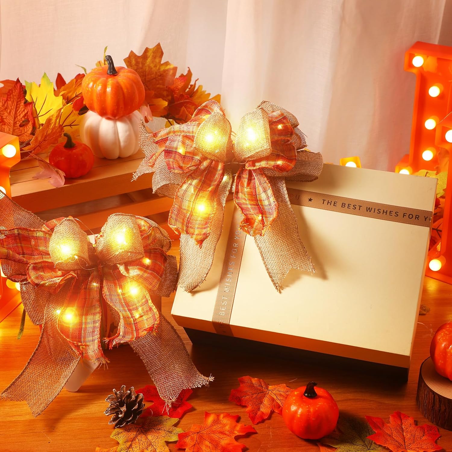 4 lazos LED de otoño para coronas, lazo de arpillera a cuadros de búfalo naranja con luces LED, lazos de Acción de Gracias para decoración de árbol,