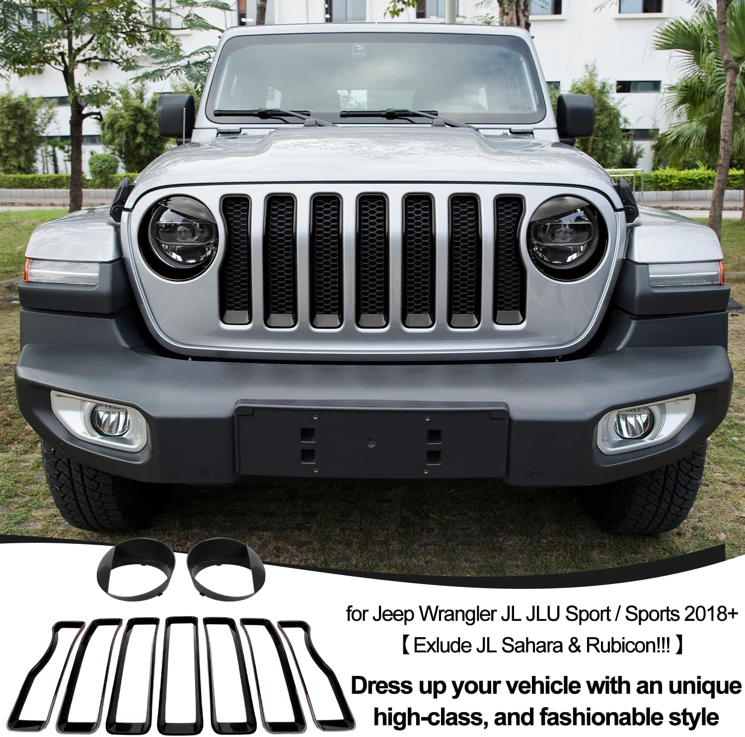 LAIKOU 9 piezas mejoradas para parrilla delantera y cubierta de lámpara de faro, accesorios exteriores para Jeep Wrangler JL JLU SportSports 2018