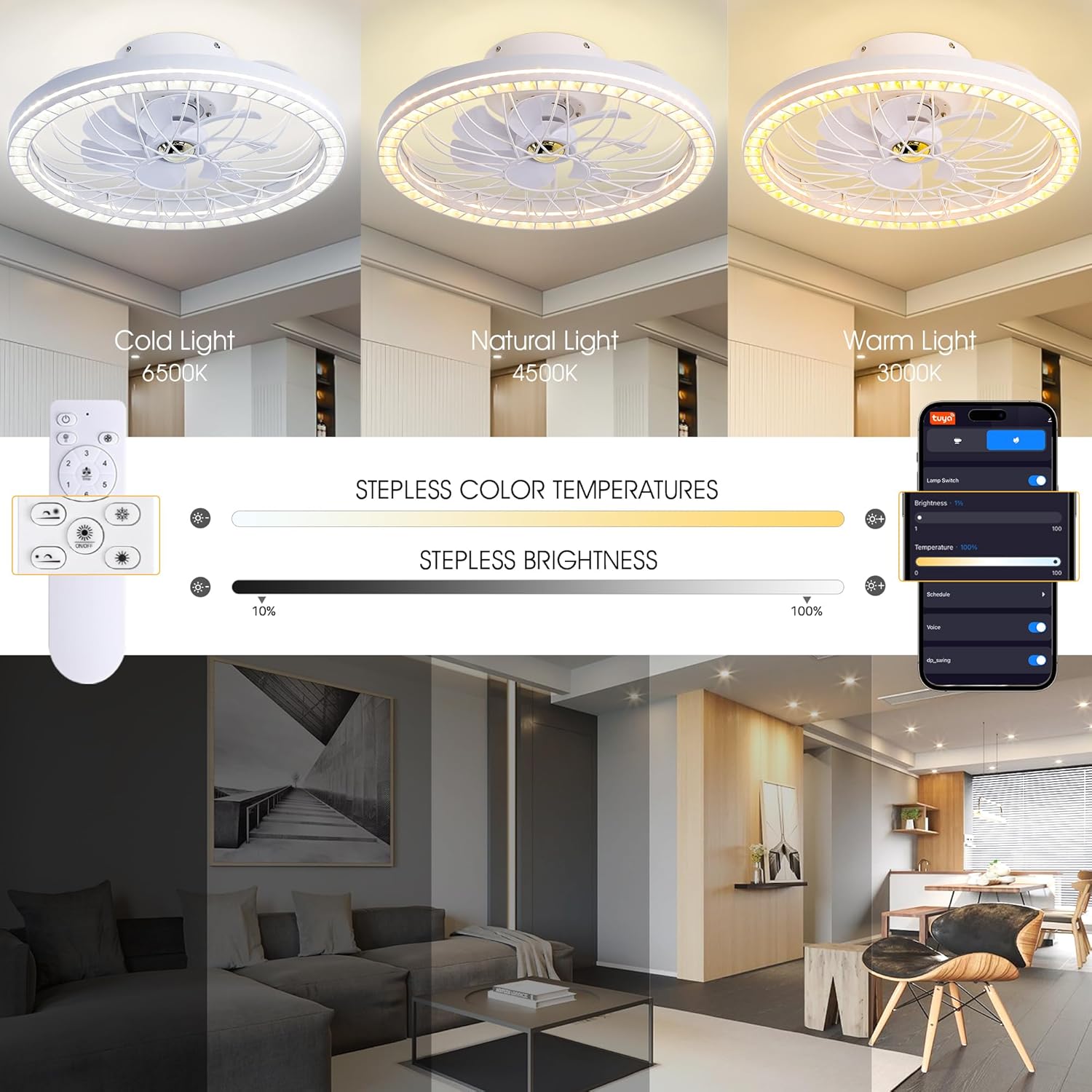 REDSTAR Ventiladores de techo LED inteligentes  Ventilador de techo de montaje empotrado de 19 pulgadas con luz moderna, control de aplicación, 3