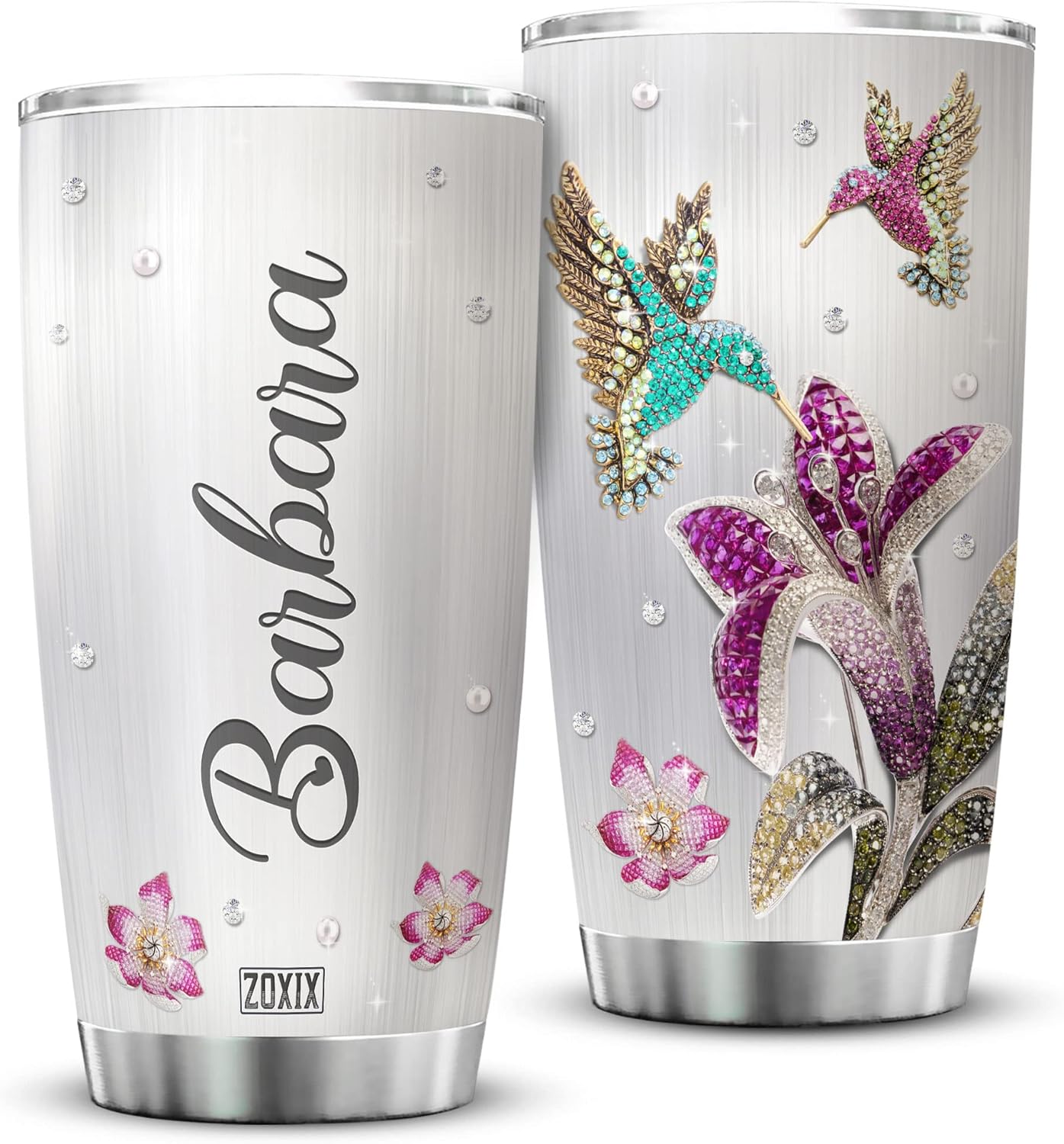 ZOXIX Vaso de colibrí personalizado con nombre, 20 onzas, estilo de joyería, floral, animal, pájaro, taza de café con tapa, regalo de cumpleaños de