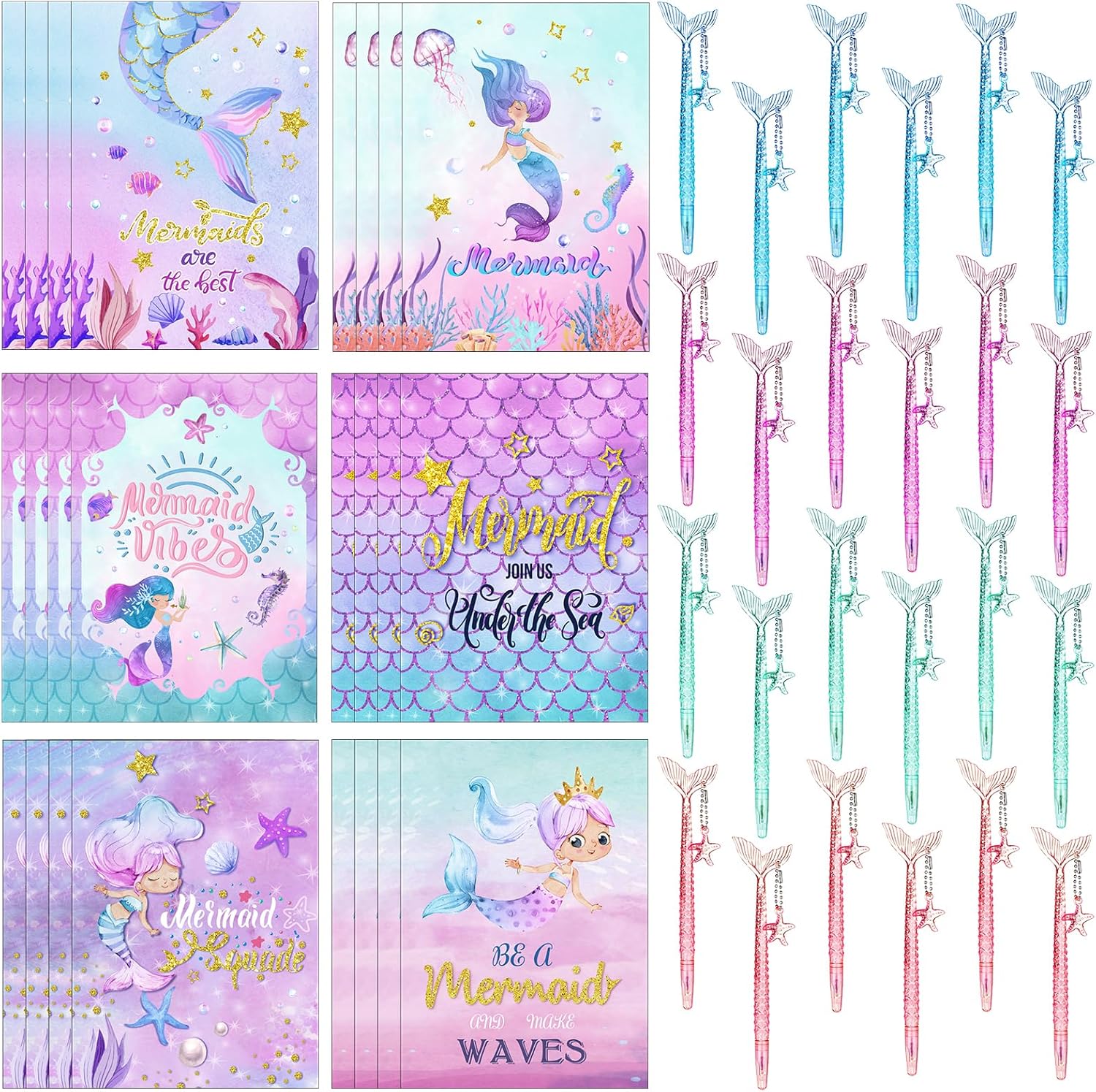 48 cuadernos y bolígrafo de sirena de 5 pulgadas, 24 bonitos bloc de notas de escamas de sirena, 24 bolígrafos negros de sirena para decoraciones de