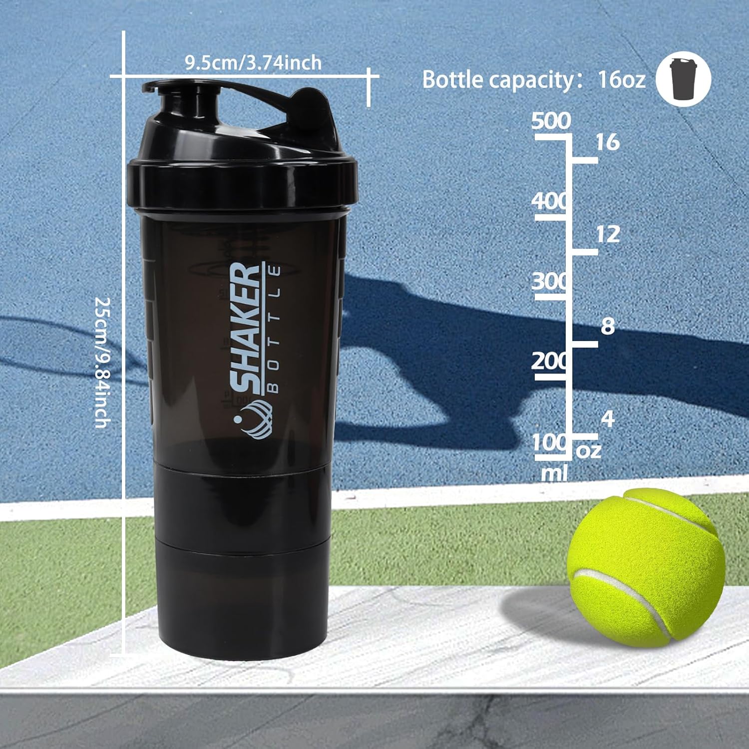 Shaker Bottle – Vaso agitador de proteínas con compartimentos de almacenamiento – Botellas de entrenamiento a prueba de fugas con mezclador para una