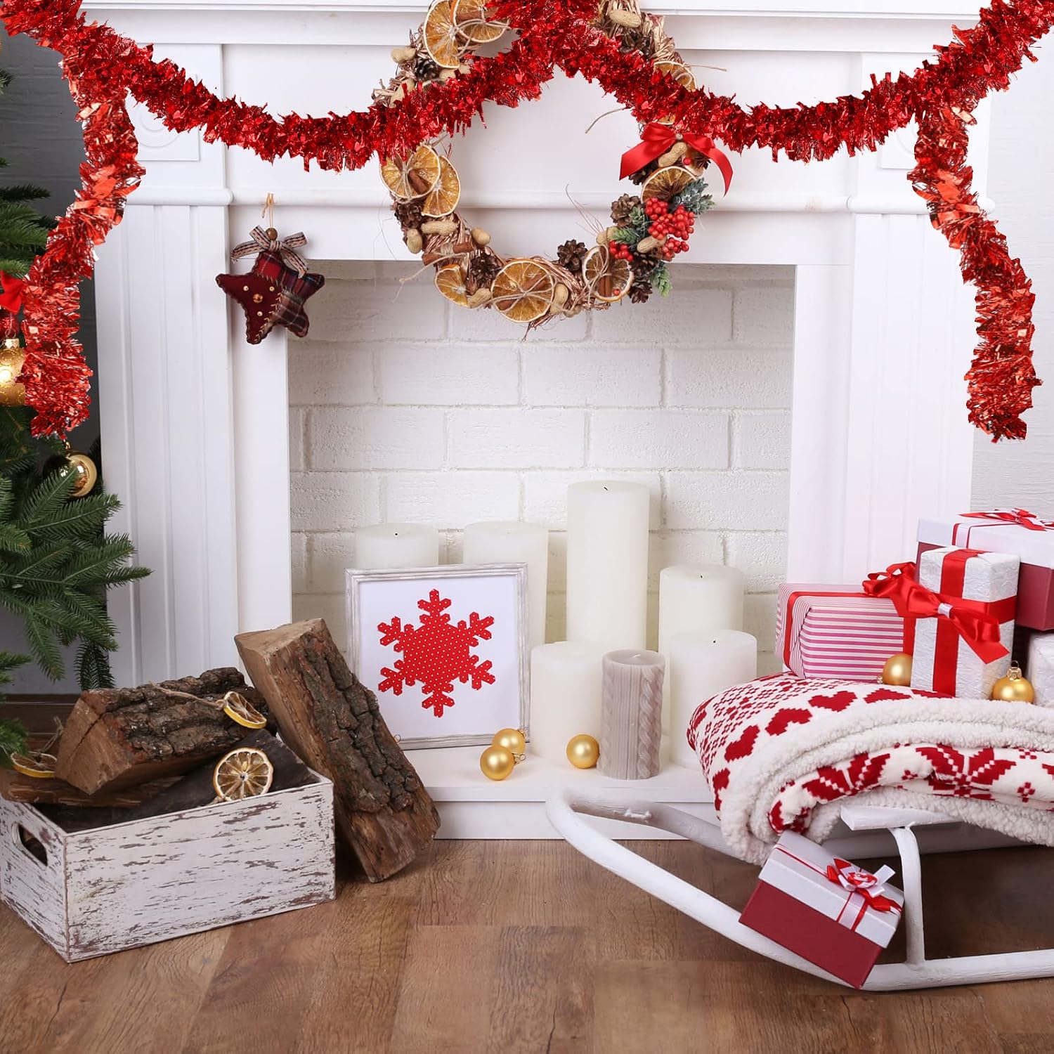 Guirnalda de oropel de Navidad de 59 pies con torsión metálica, guirnalda colgante brillante para árbol de Navidad, suministros de fiesta Dingion