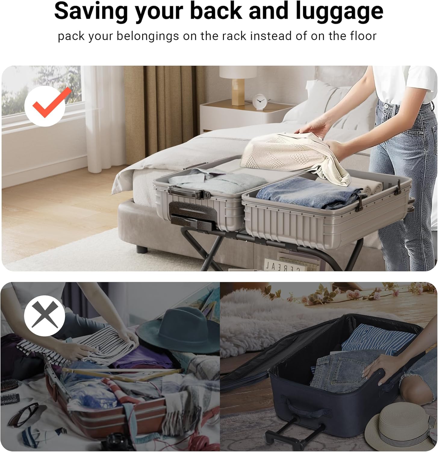 Dunatou Portaequipajes plegable de acero con estante de almacenamiento, soporte de equipaje de acero para habitación de invitados, hotel,