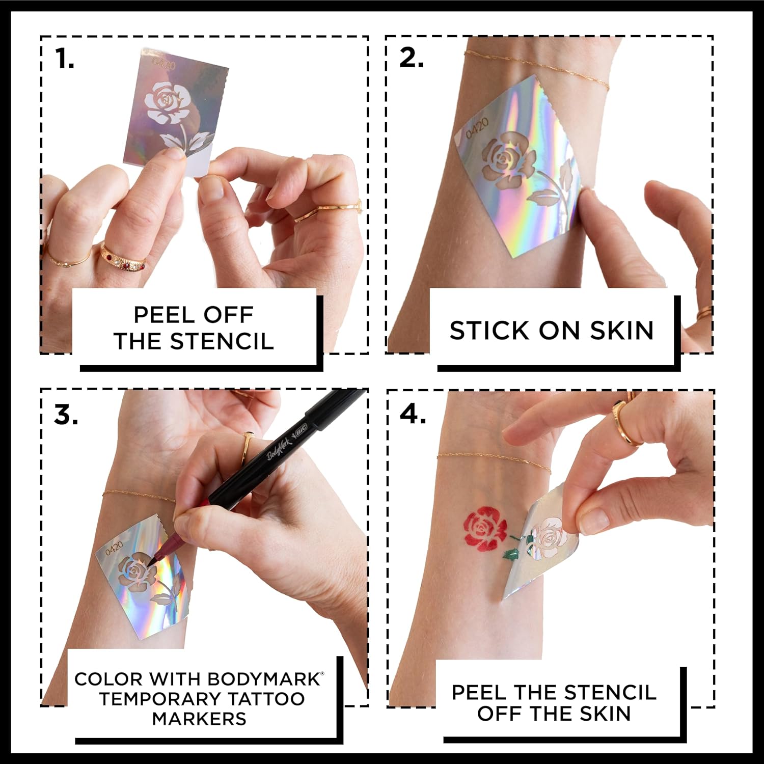 BodyMark Set de regalo marcadores temporales de tatuaje para piel, puntas finas y flexibles de pincel, paquete de 5 unidades contiene cuatro