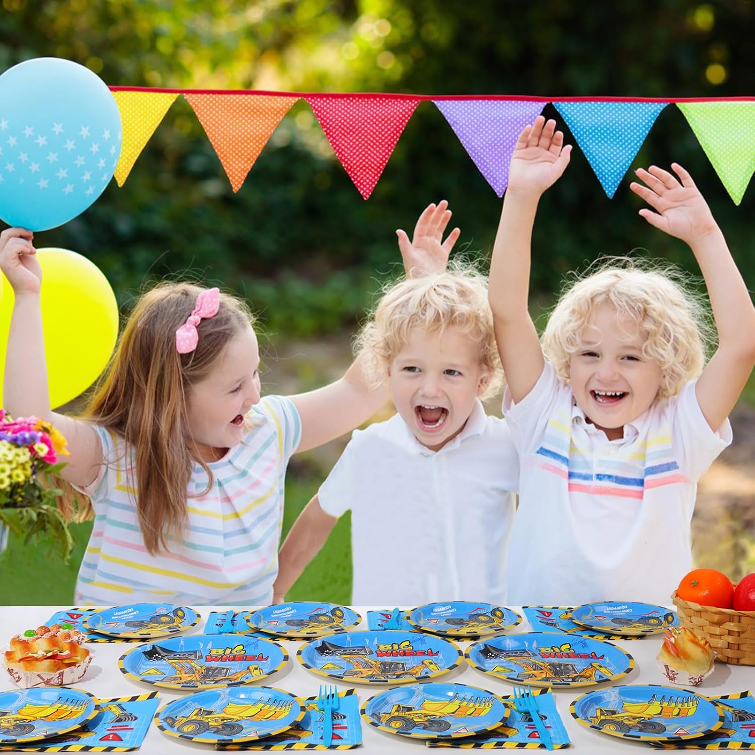 SCIONE 96 piezas de suministros de fiesta de construcción, platos de camión volquete, decoraciones de fiesta de cumpleaños para niños, juego de