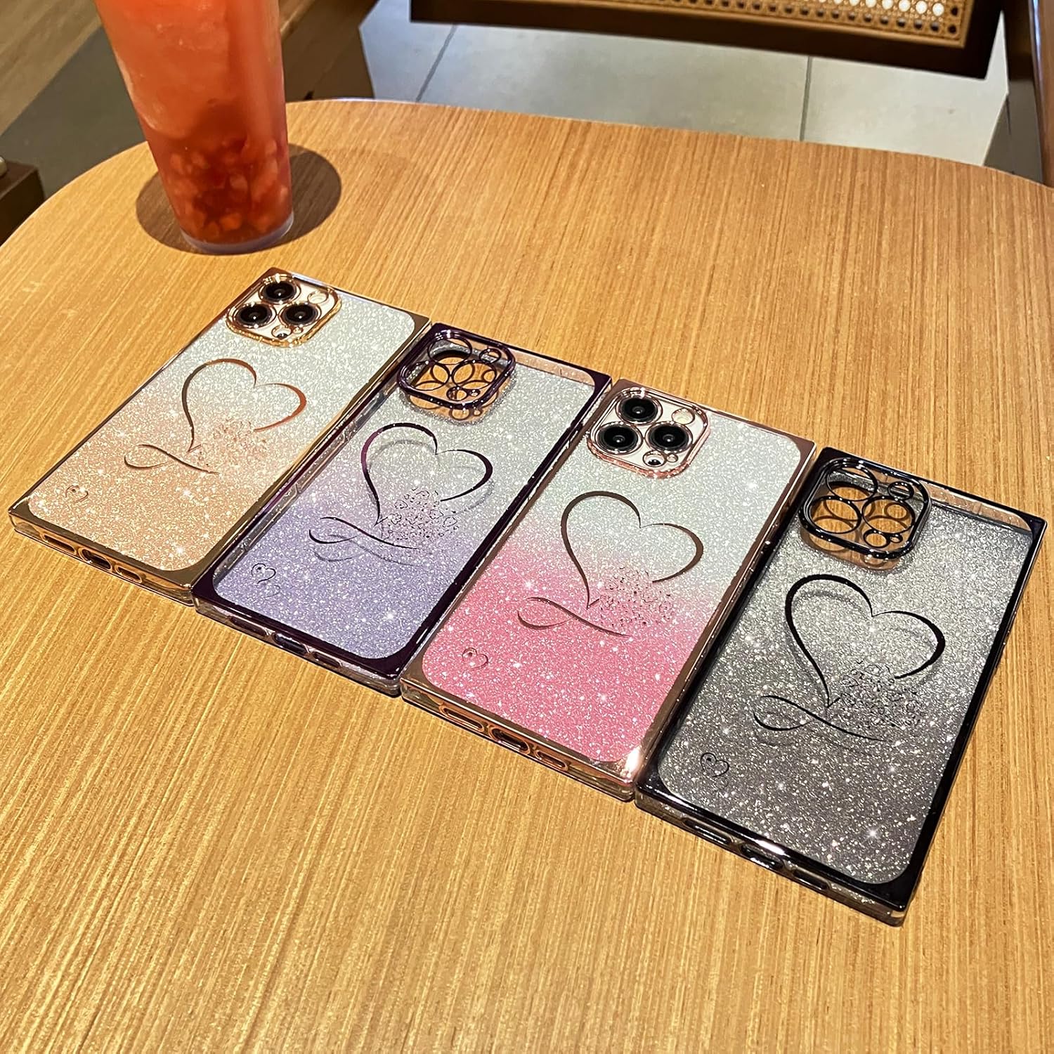 Funda para iPhone 12 Pro Max Gardient con purpurina, cubierta cuadrada brillante con bonito corazón chapado para mujeres y niñas, protección de