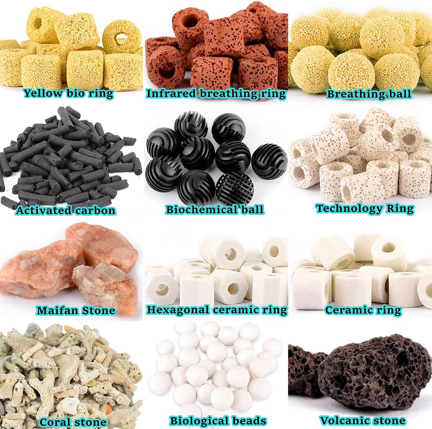 Mei Ting Acuario medios de filtro bio bolas anillos de cerámica 12 en 1 filtro de estanque de peces anillo de filtro de cerámica 17.64 oz bolsa de