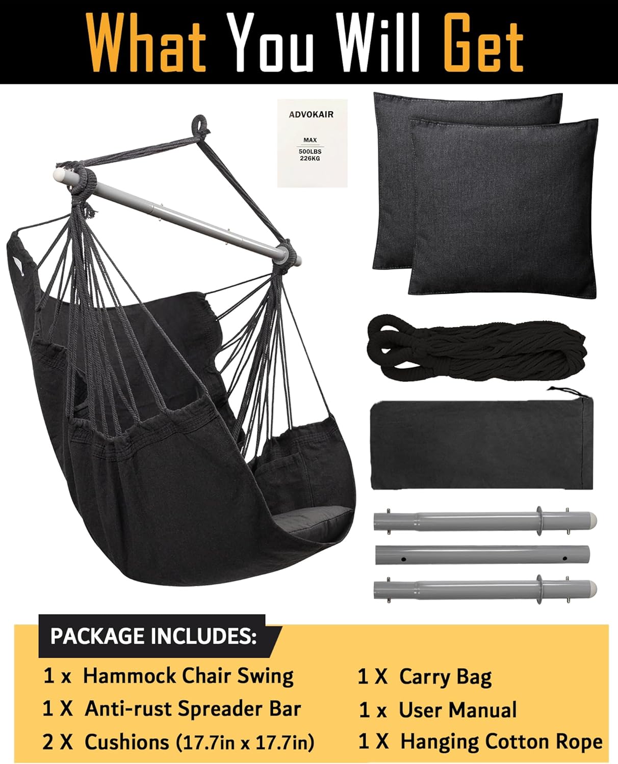 Silla hamaca colgante para interiores con 2 cojines para dormitorio, máximo 500 libras, barra antioxidante con anillos antideslizantes, para