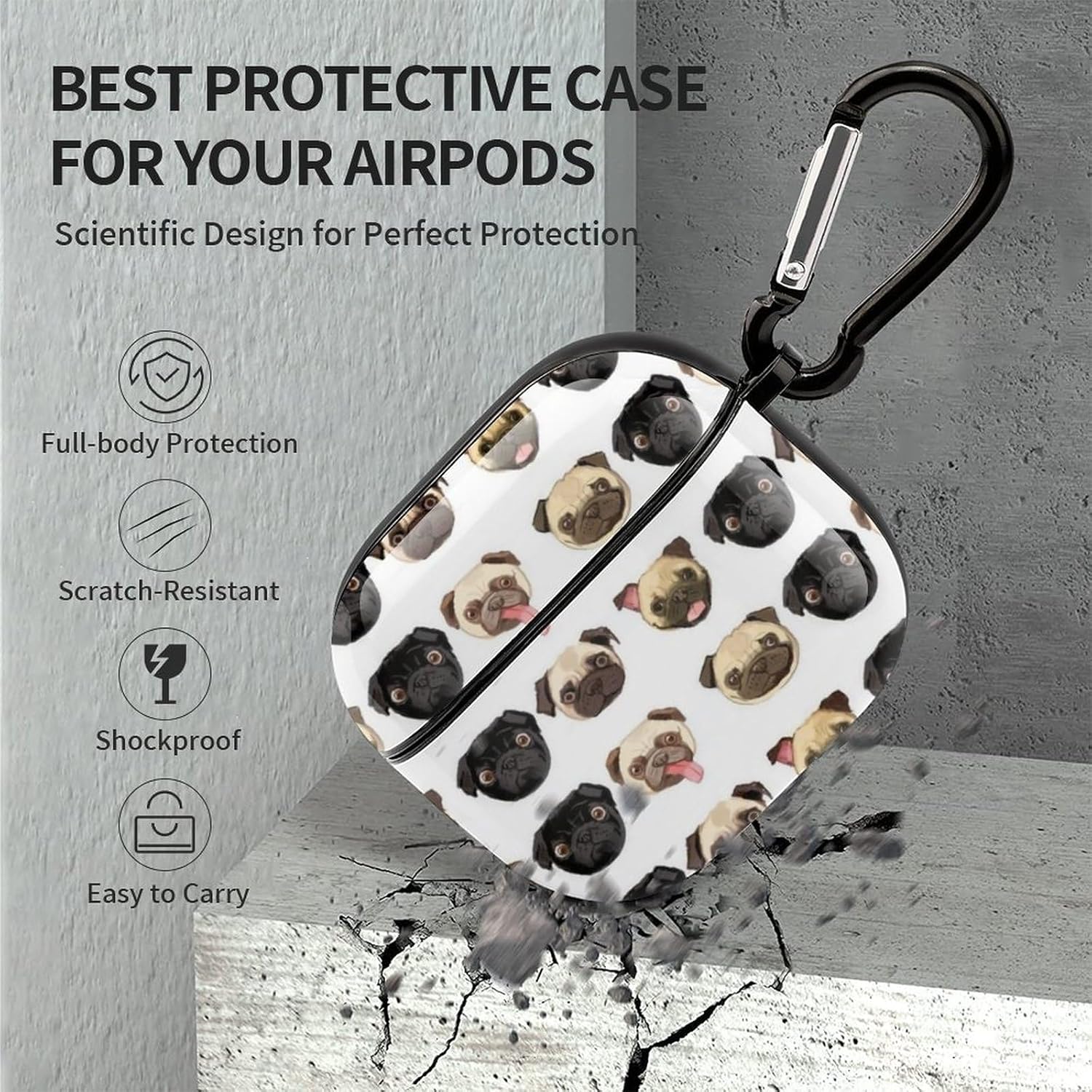 Funda para auriculares Bluetooth de Pug negro y amarillo para Airpods 3 PC, funda rígida con diseño de impresión completa, a prueba de caídas con