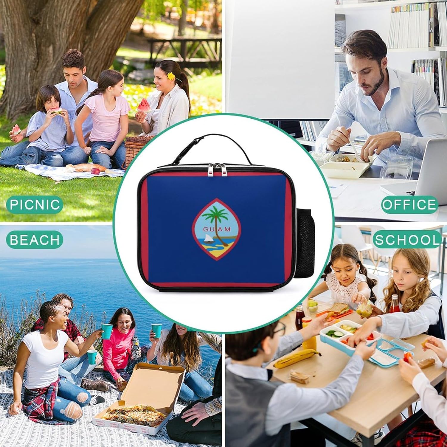 Bolsa de almuerzo aislada con la bandera de Guam, contenedor reutilizable para el trabajo, picnic y viajes