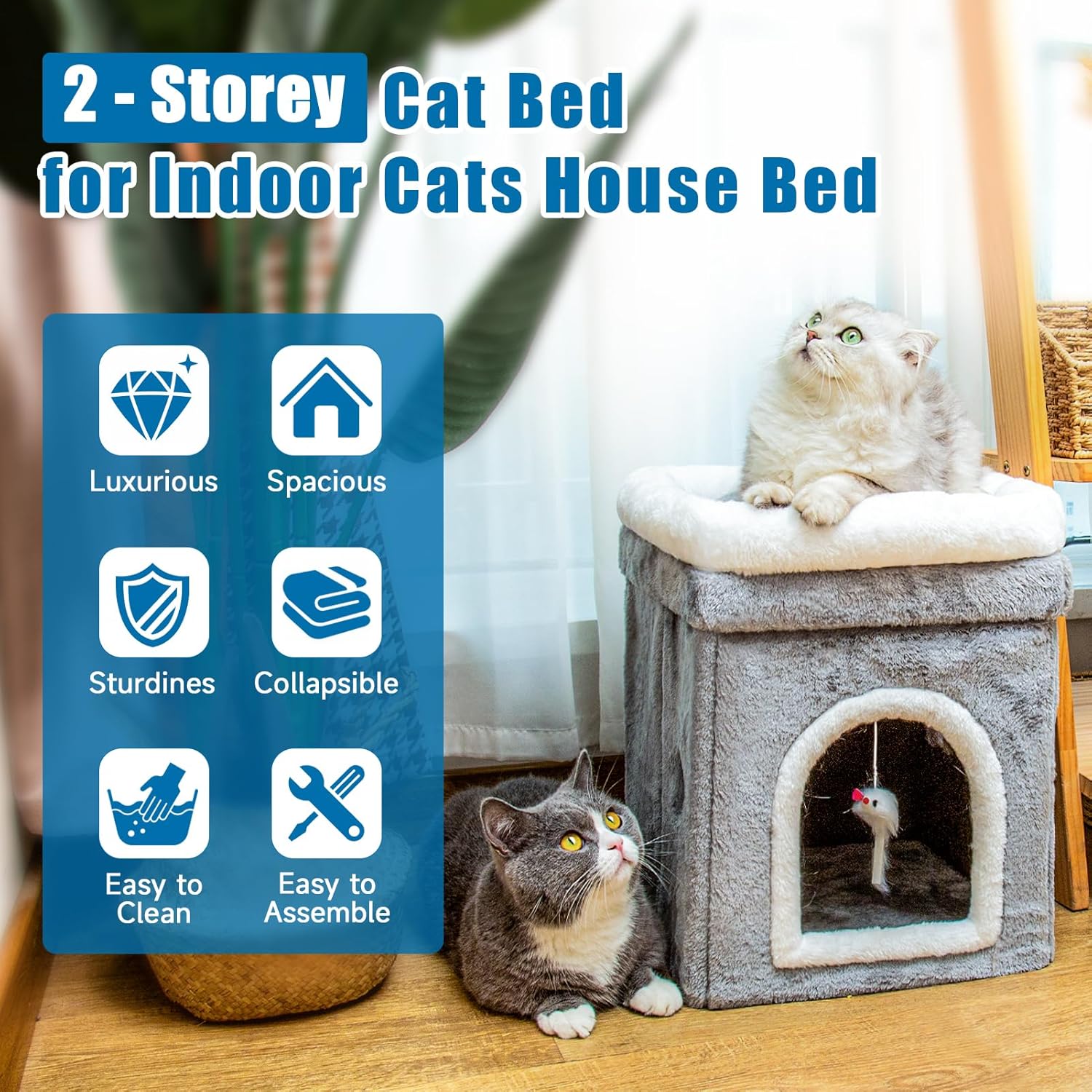 Cama para gatos de interior, cama grande cubierta para gatos, otomana grande cubierta para gatos, para mascotas, dormir, jugar, escalar y