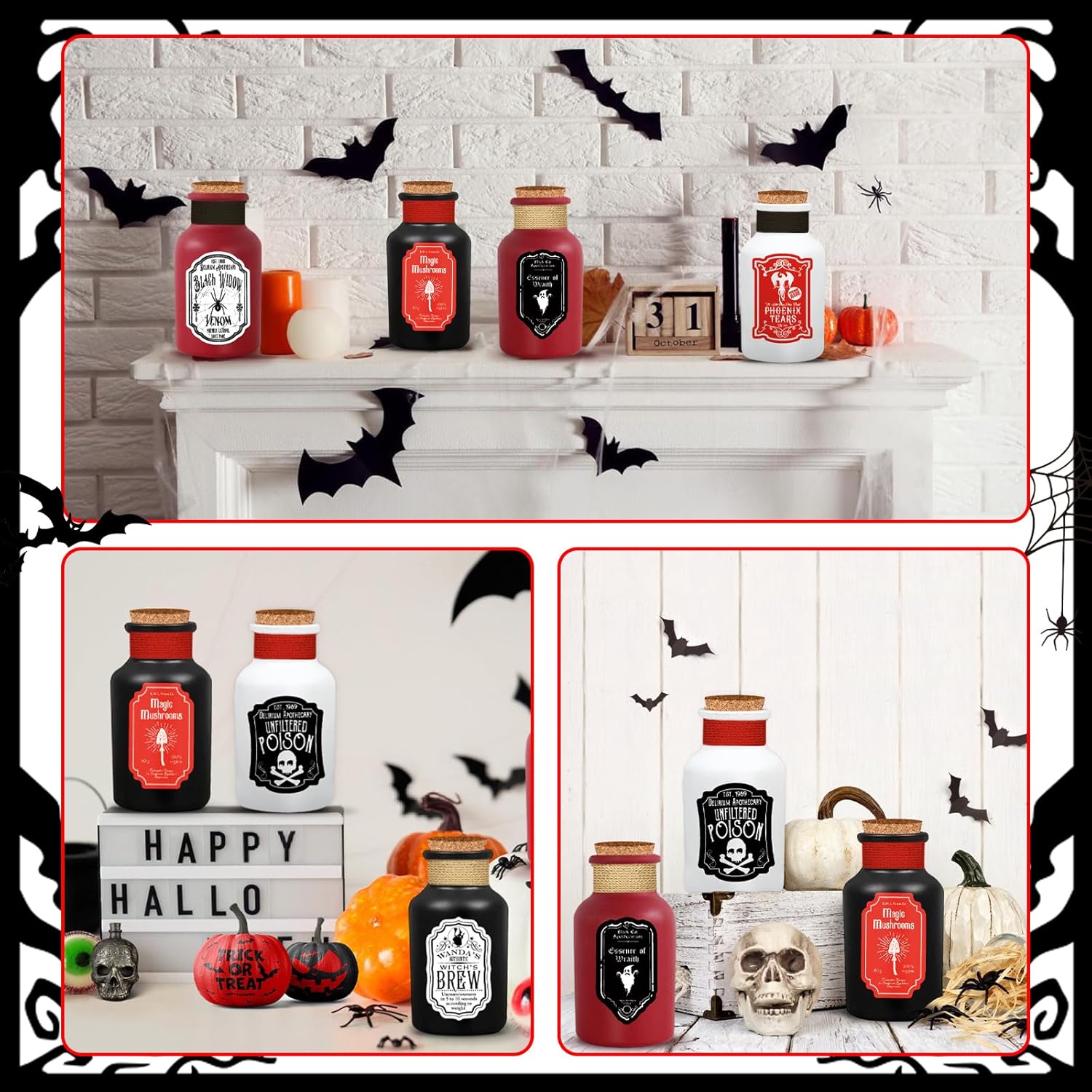 36 piezas de decoraciones de Halloween para interiores, 6 botellas de poción, 12 calcomanías de Halloween para decoración de Halloween, botellas de