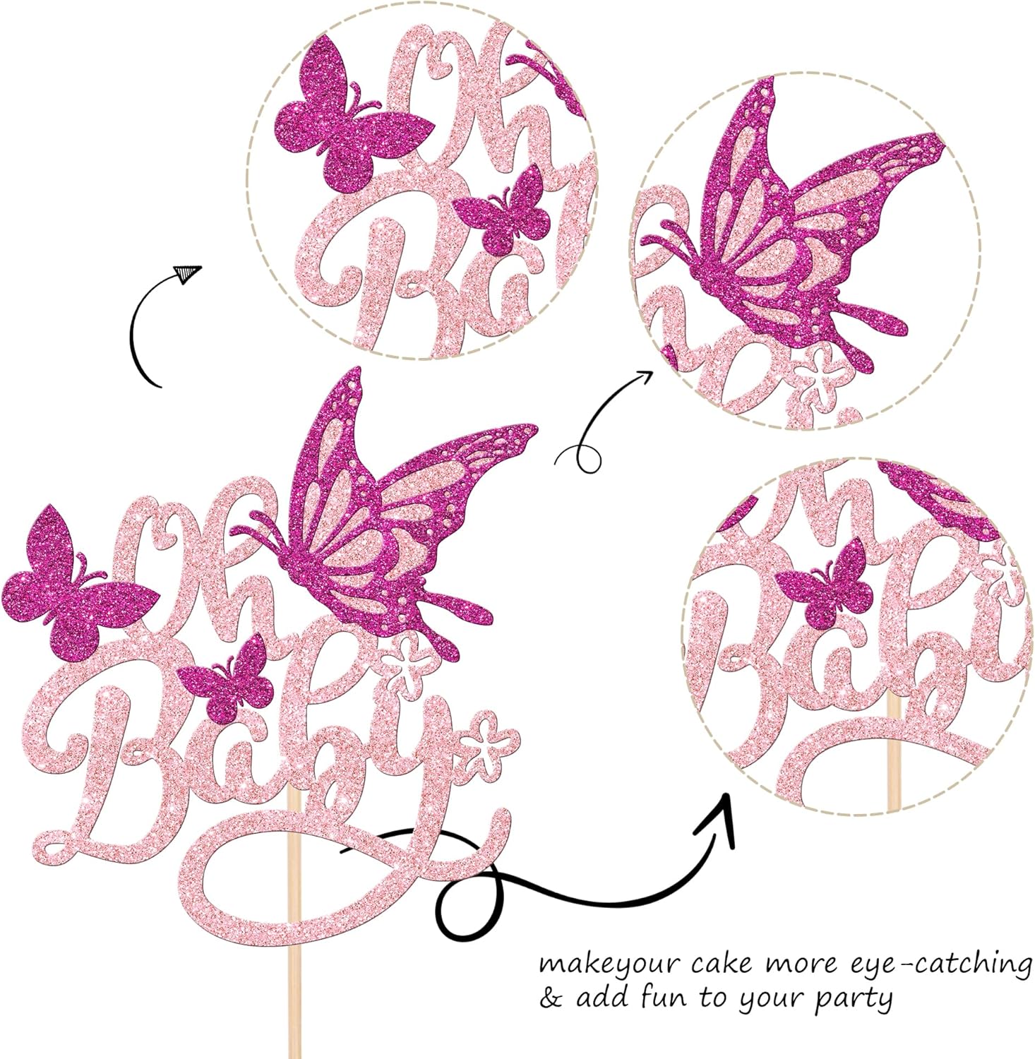 1 pieza de decoración de pastel de mariposa Oh Baby con purpurina para baby shower, mariposa para revelación de género, baby shower, fiesta de