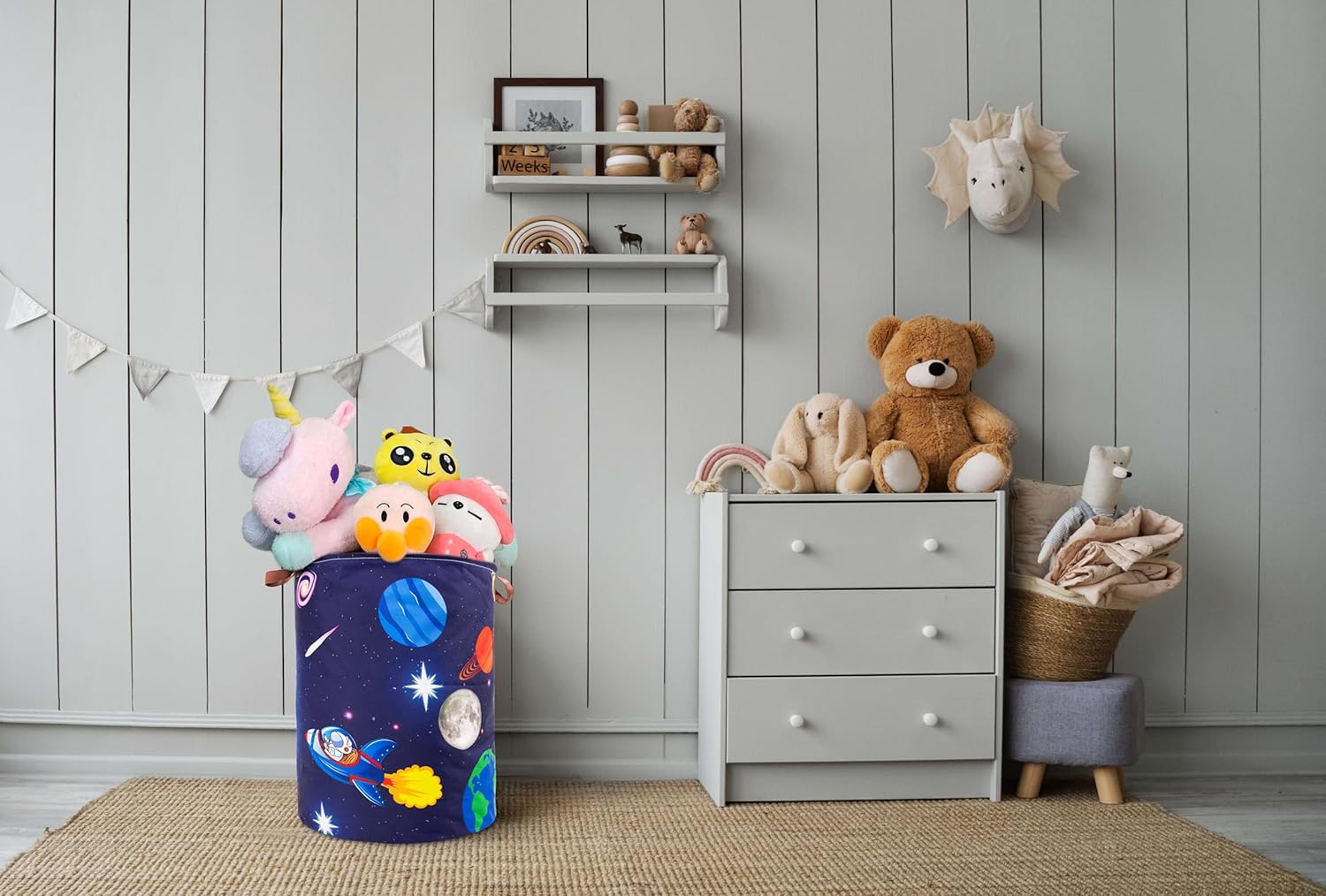 Cesta de lavandería para niños, tema de cohete espacial de astronauta, impermeable, plegable con asas, cesta de lona para cuarto de bebé de 45 L,