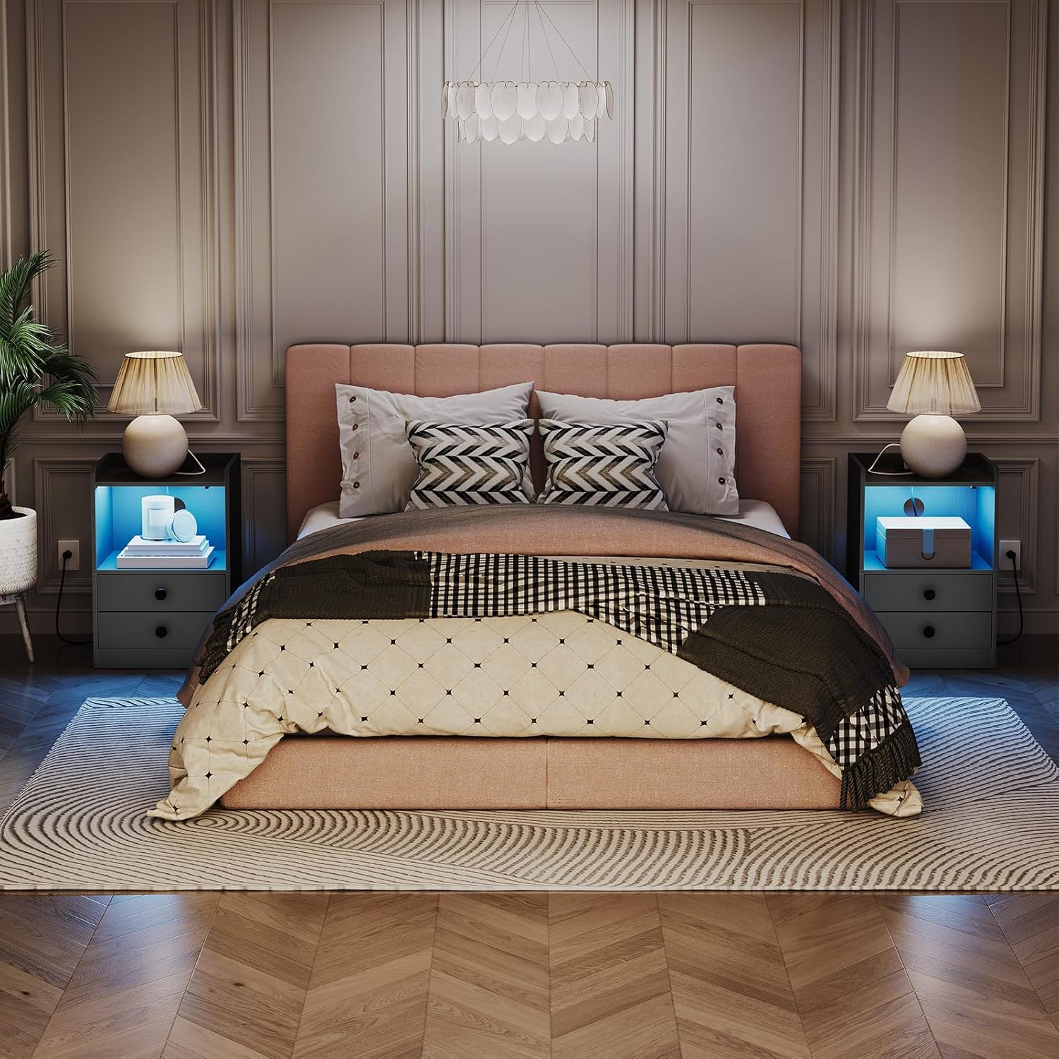 HOOBRO Mesita de noche con estación de carga, moderna mesita de noche con luces LED, mesa auxiliar con 2 cajones, mesa auxiliar con puertos USB y