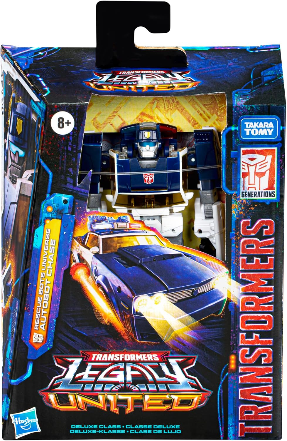 Transformers Legacy United Deluxe Class Rescue Bots Universe Autobot Chase, figura de acción de conversión de 5.5 pulgadas, 8+