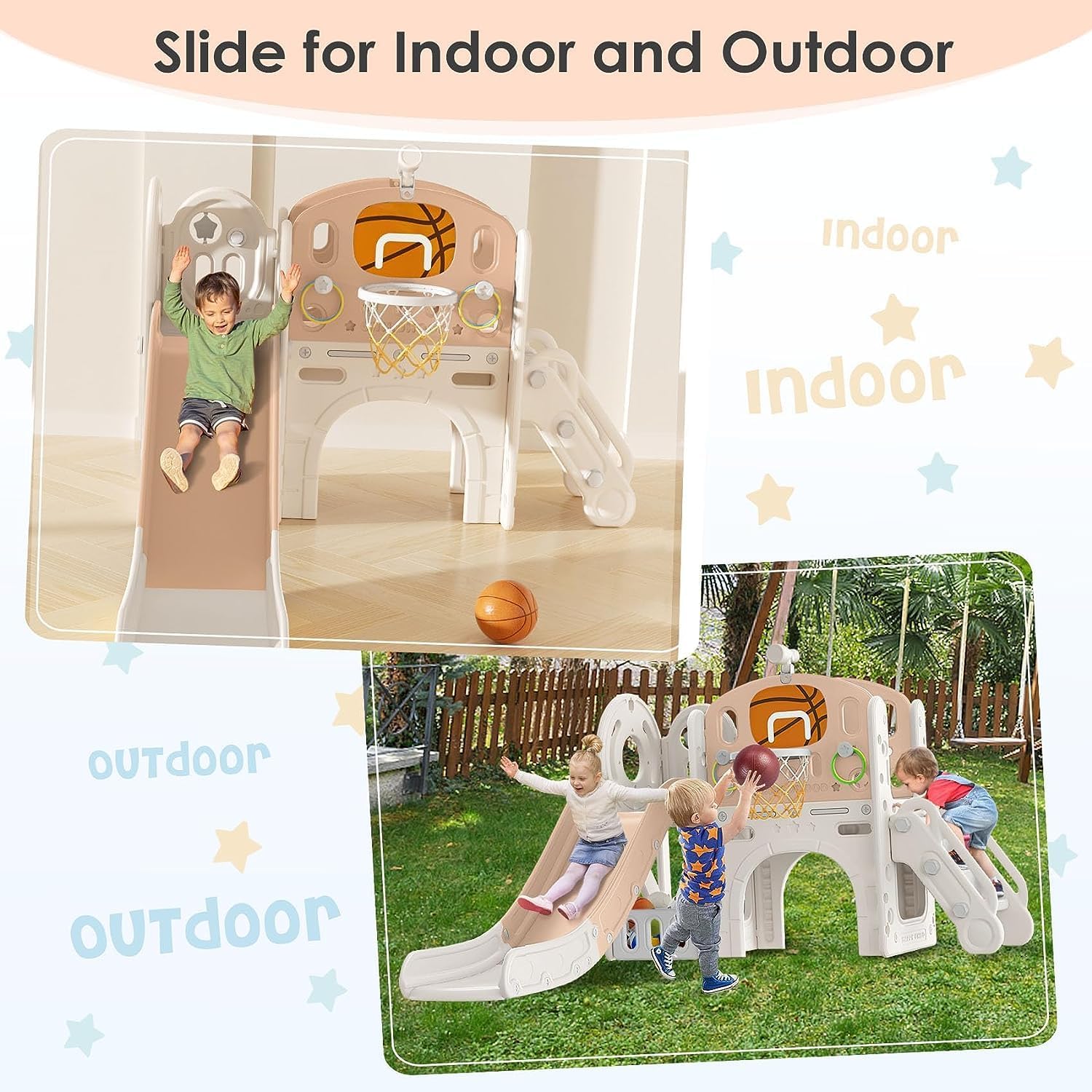 Tobogán 9 en 1 para niños pequeños de 1 a 3 años con lanzamiento de anillo, aro de baloncesto y telescopio, tobogán para interiores y exteriores,