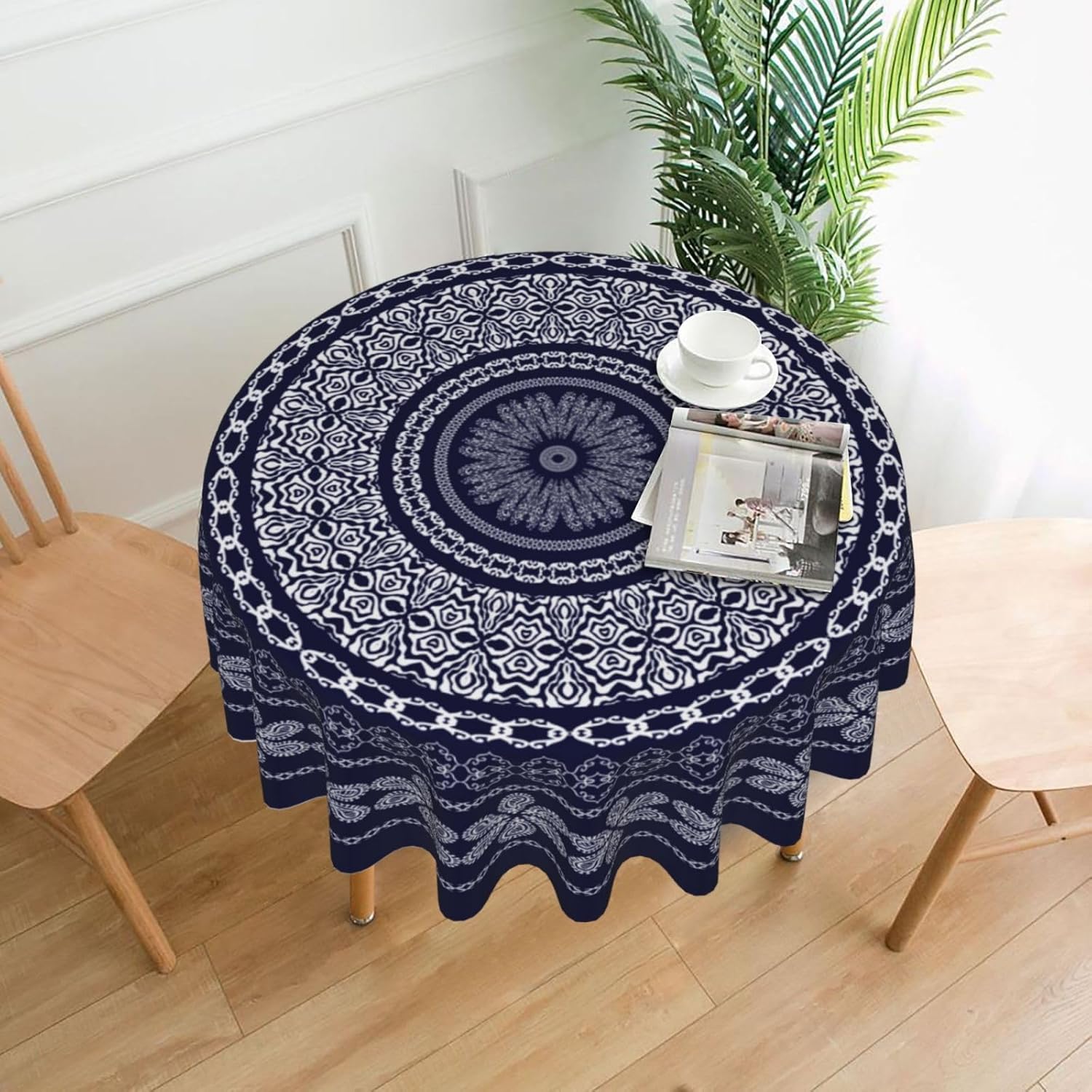 Mantel redondo bohemio con diseño geométrico de flores azules de 60 pulgadas, impermeable, resistente a las manchas, mantel decorativo para pícnic,