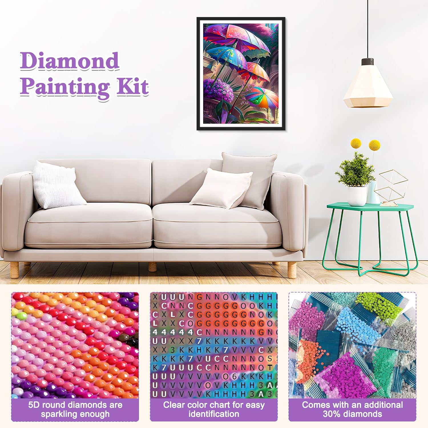 RICUVED Arte de diamantes de paisaje, kits de arte de diamantes de flores para adultos, hermosos diamantes de gema 5D, taladro redondo completo,