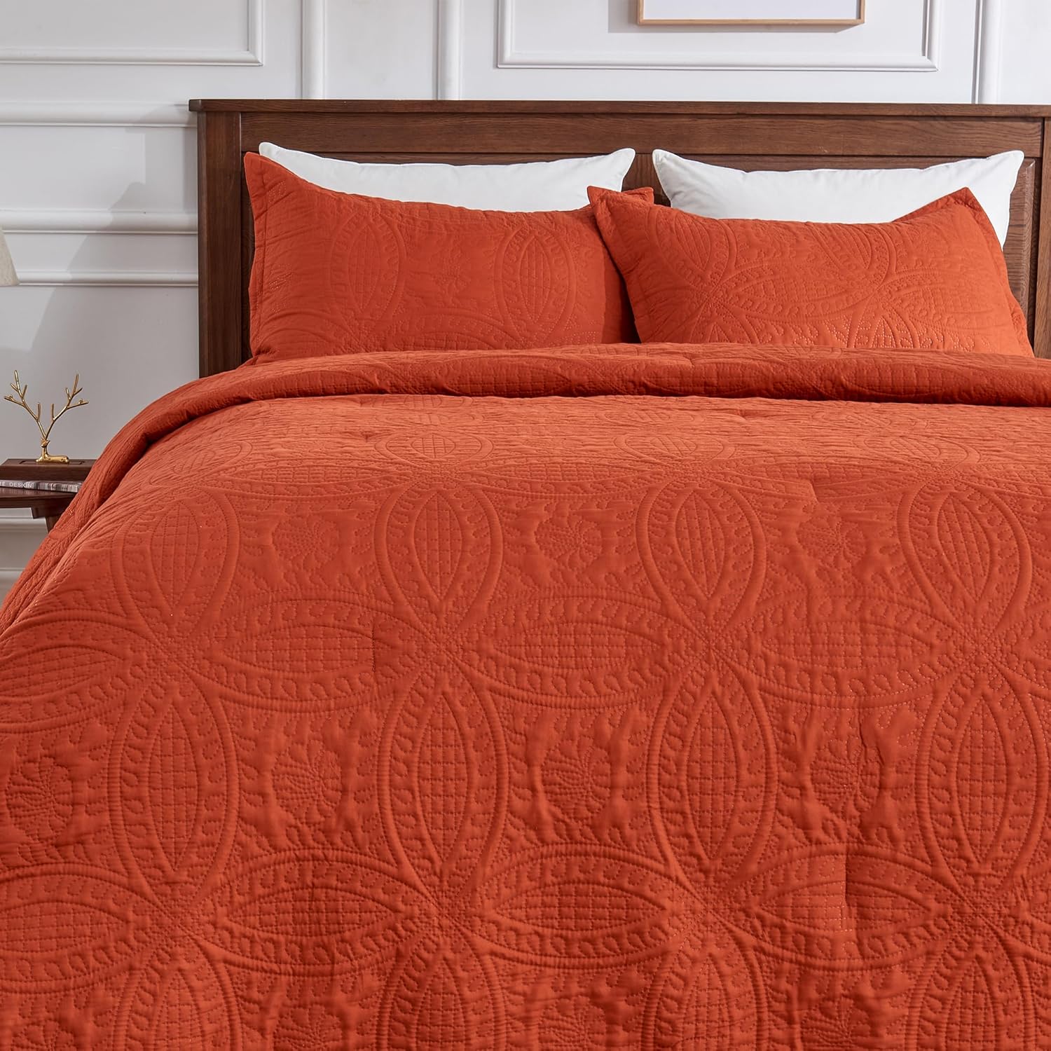 YOZEN Juego de edredón de tamaño matrimonial, color naranja quemado, juego de ropa de cama bohemio de medallón de terracota sólido de 3 piezas,