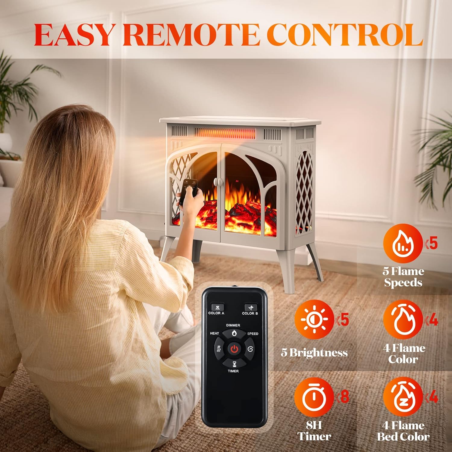 Calentador eléctrico de chimenea, estufa de chimenea infrarroja de 1500 W con llama 3D, chimenea eléctrica de 5100 BTU con control remoto, 16