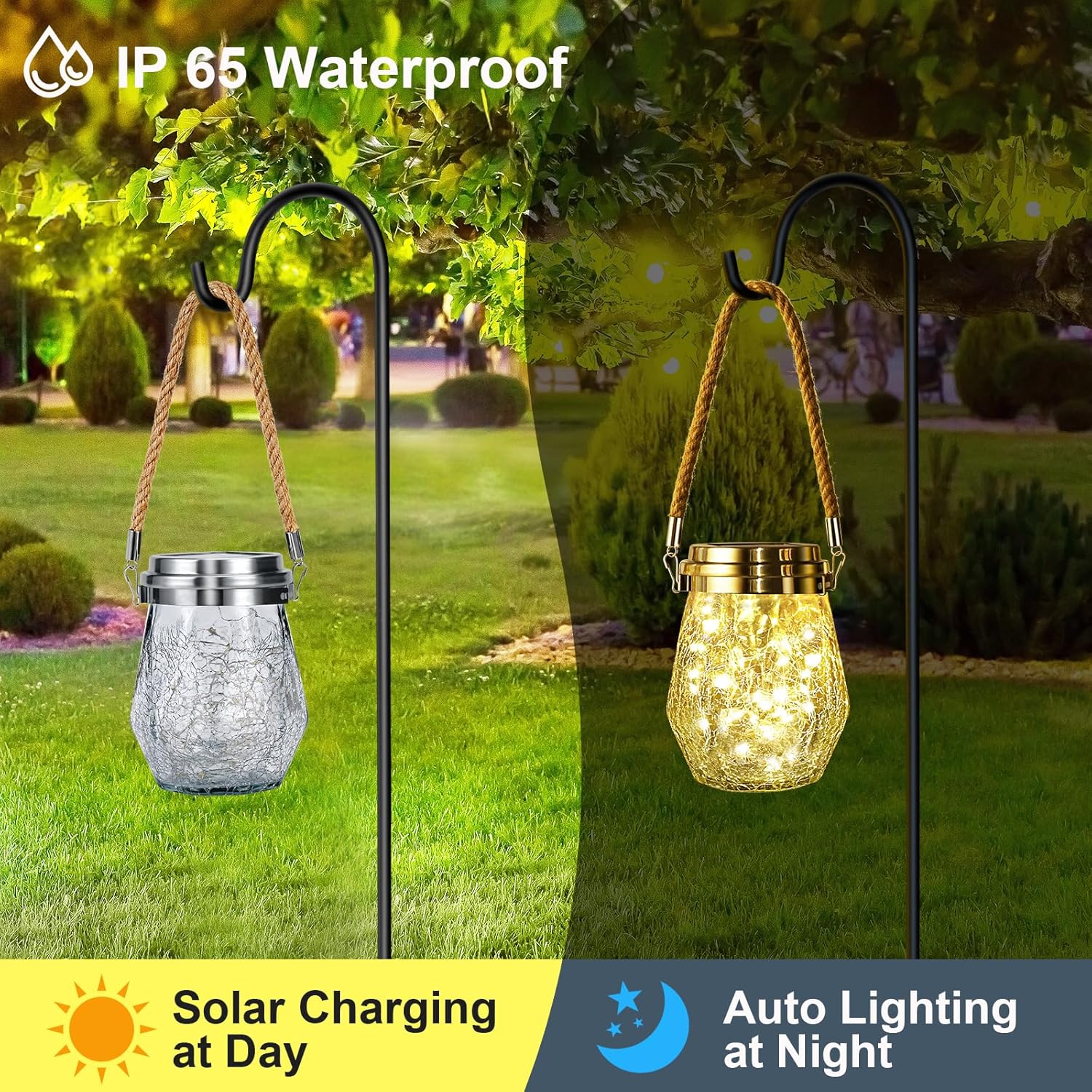 Keevvon Farol solar para exteriores, paquete de 2 luces solares colgantes para exteriores, impermeables, 60 linternas LED mejoradas, decoración de