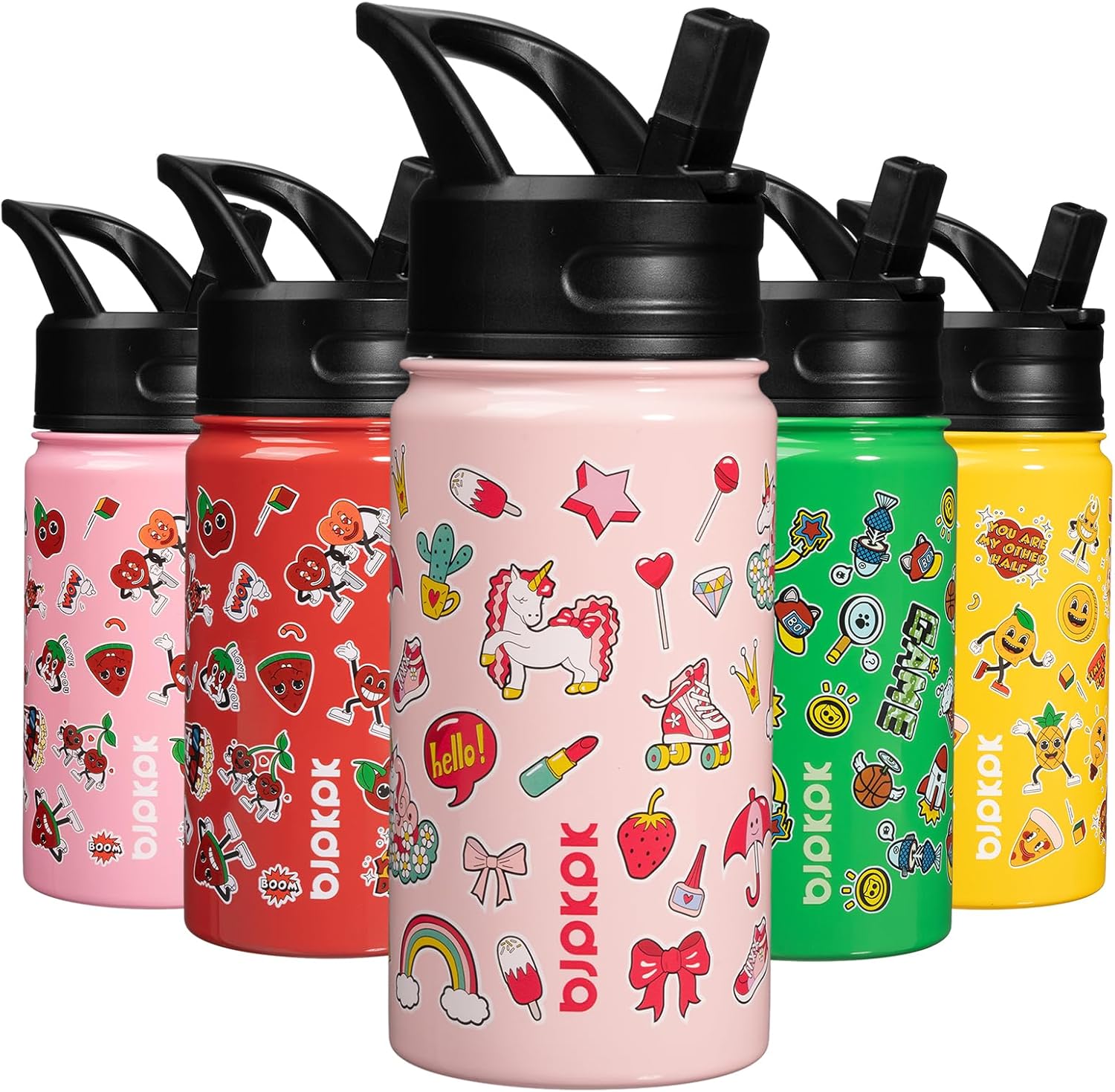 BJPKPK Botella de agua aislada con tapa con pajilla, botellas de agua de metal de acero inoxidable de 15 onzas, botellas de agua reutilizables a