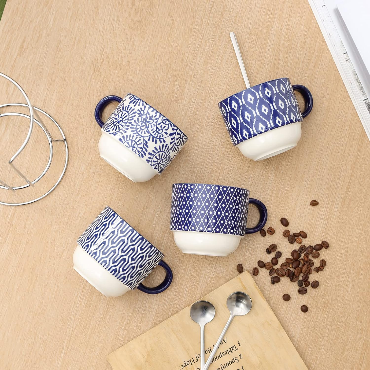 Selamica Juego de tazas de café de cerámica, apilables de 14 onzas, tazas grandes de capuchino de porcelana con cucharas y estante de soporte,