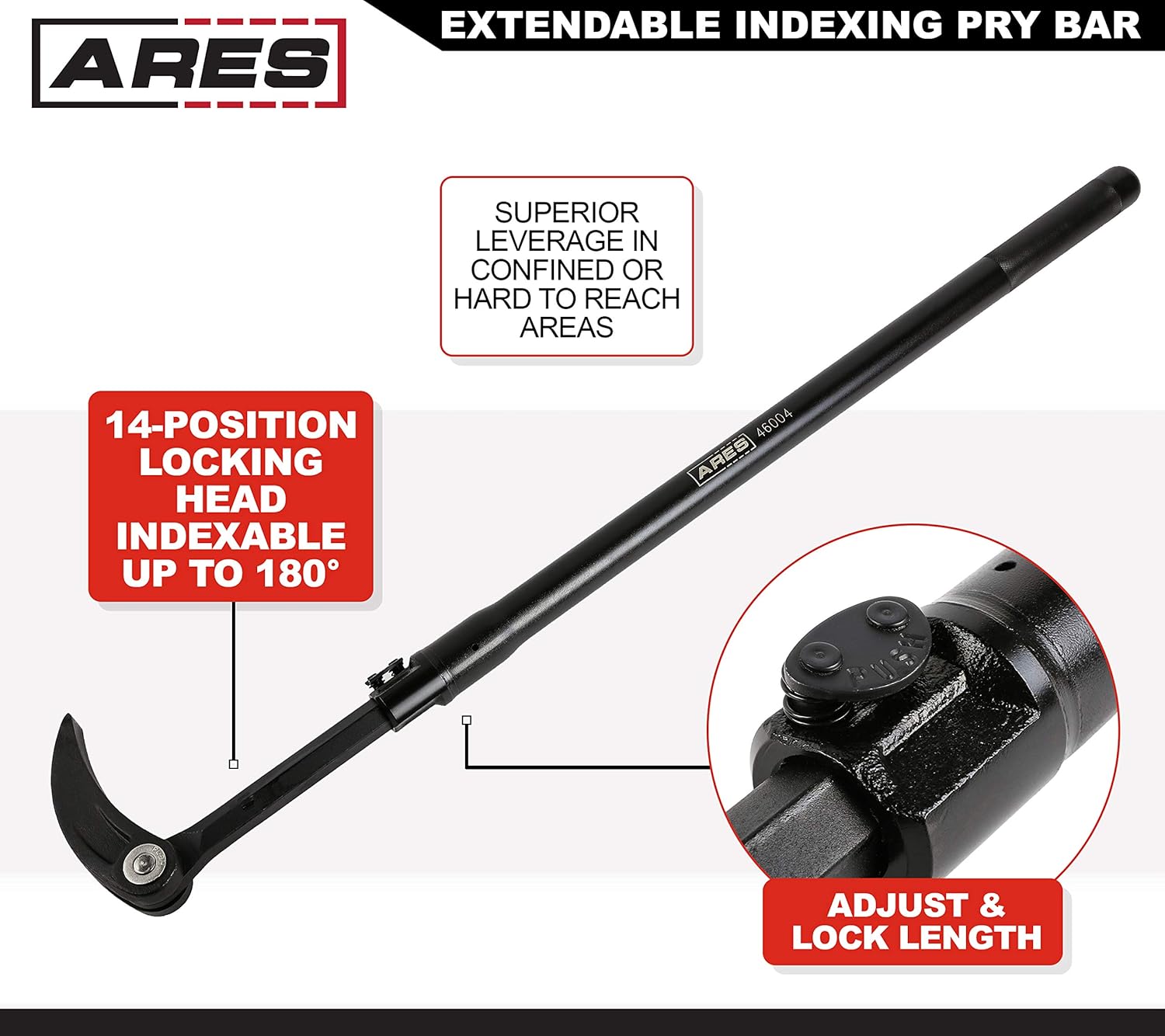 ARES Barra de palanca de indexación extensible 46004-29 pulgadas a 48 pulgadas – Cabezal de ángulo ajustable de 14 posiciones – Acero al cromo