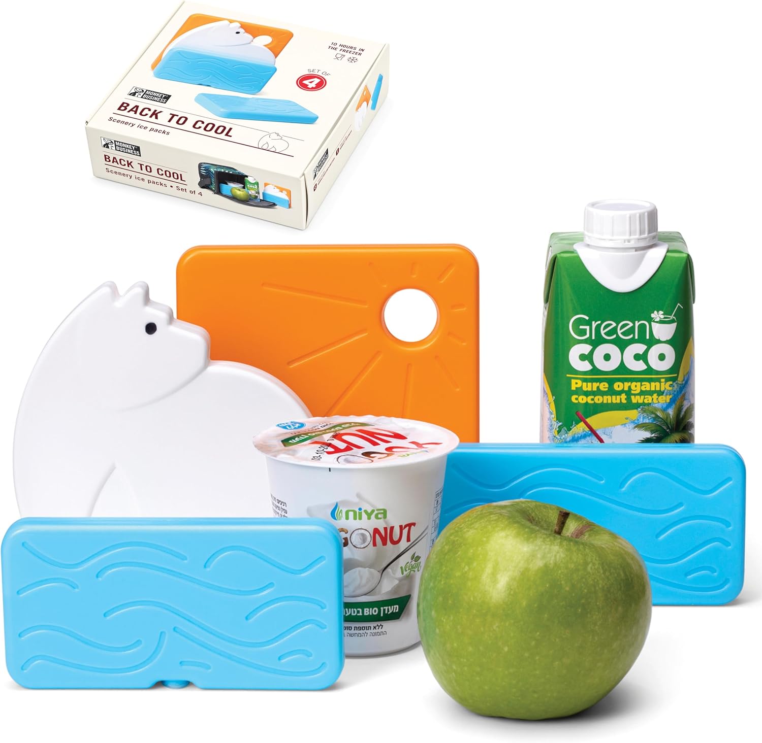 Monkey Business Back To Cool – Juego de bolsas de hielo, 4 bolsas de hielo reutilizables para loncheras y bolsas enfriadoras, colorida bolsa de
